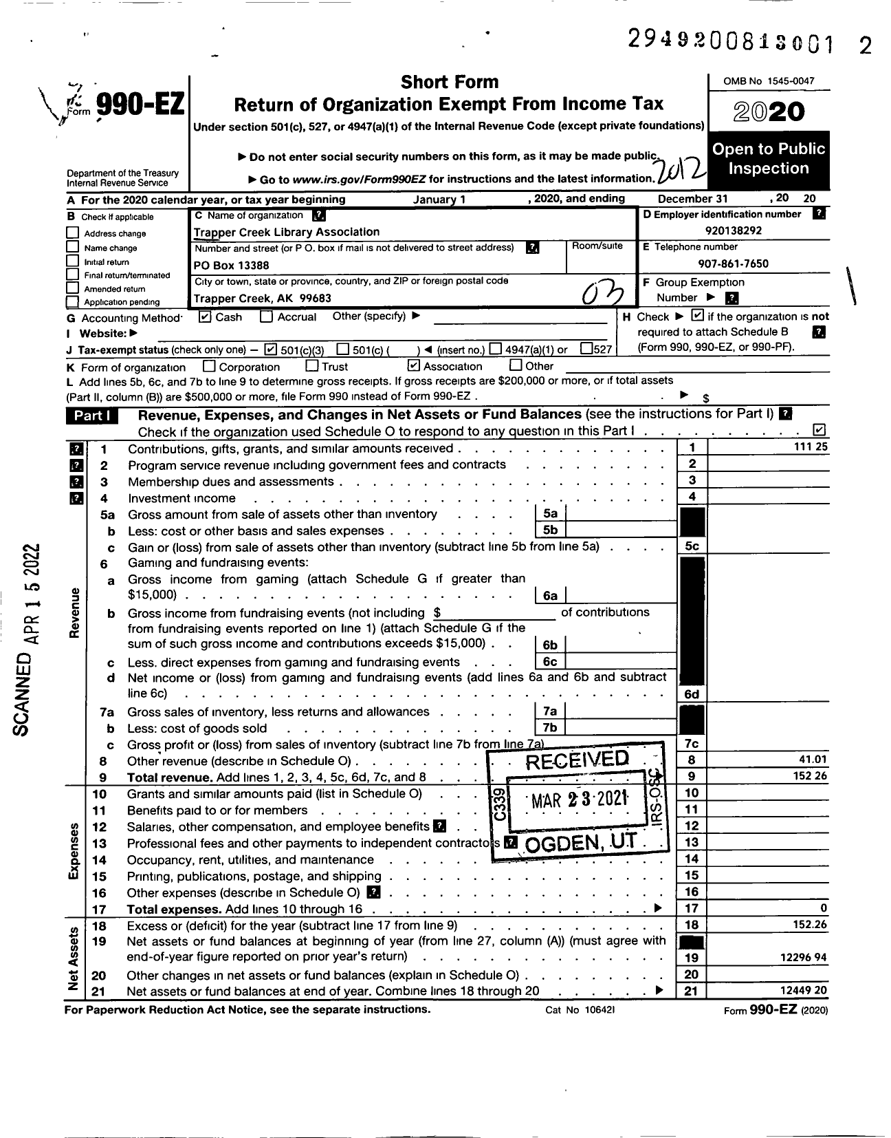 Image of first page of 2020 Form 990EZ for Trapper Creek Library Association