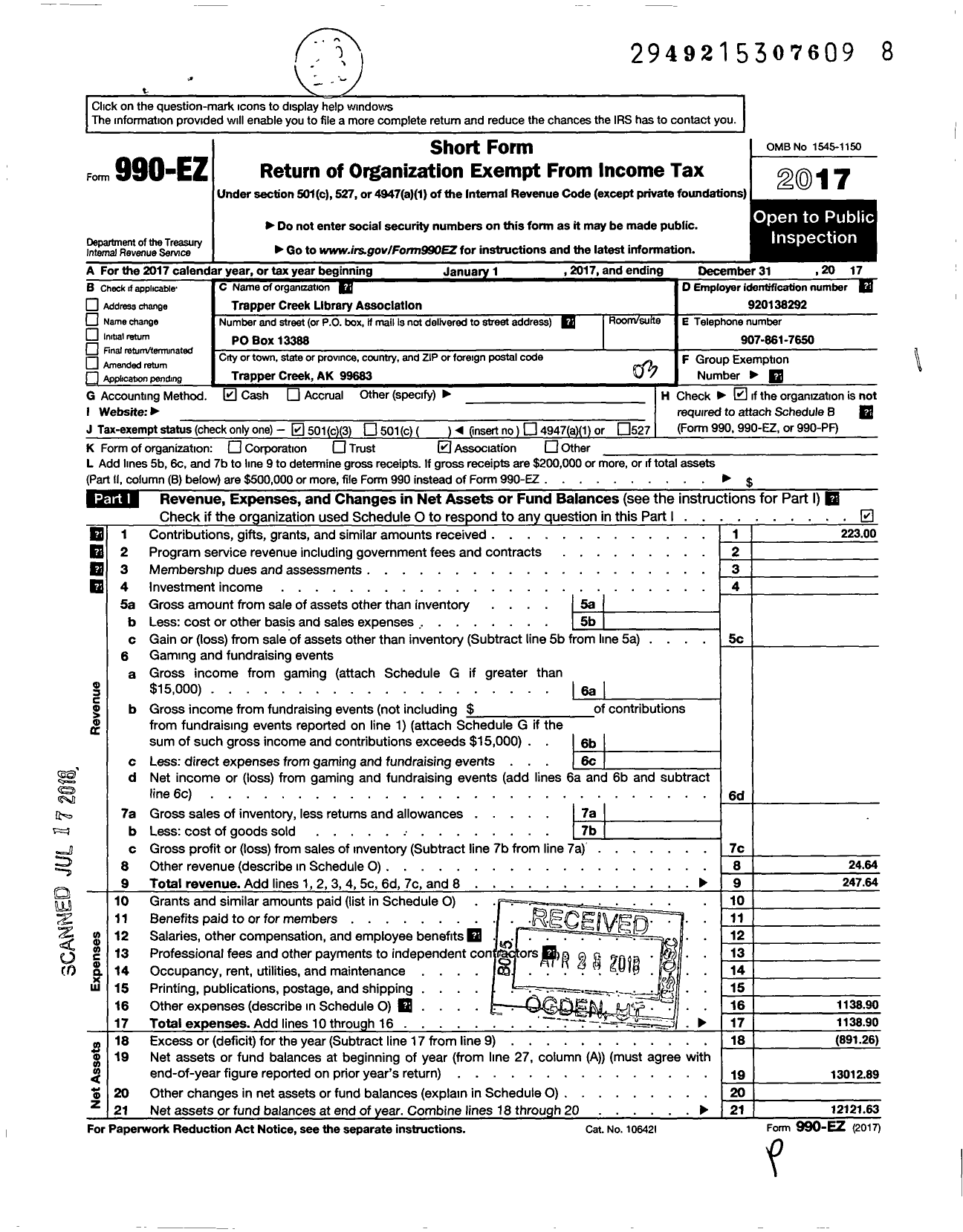 Image of first page of 2017 Form 990EZ for Trapper Creek Library Association