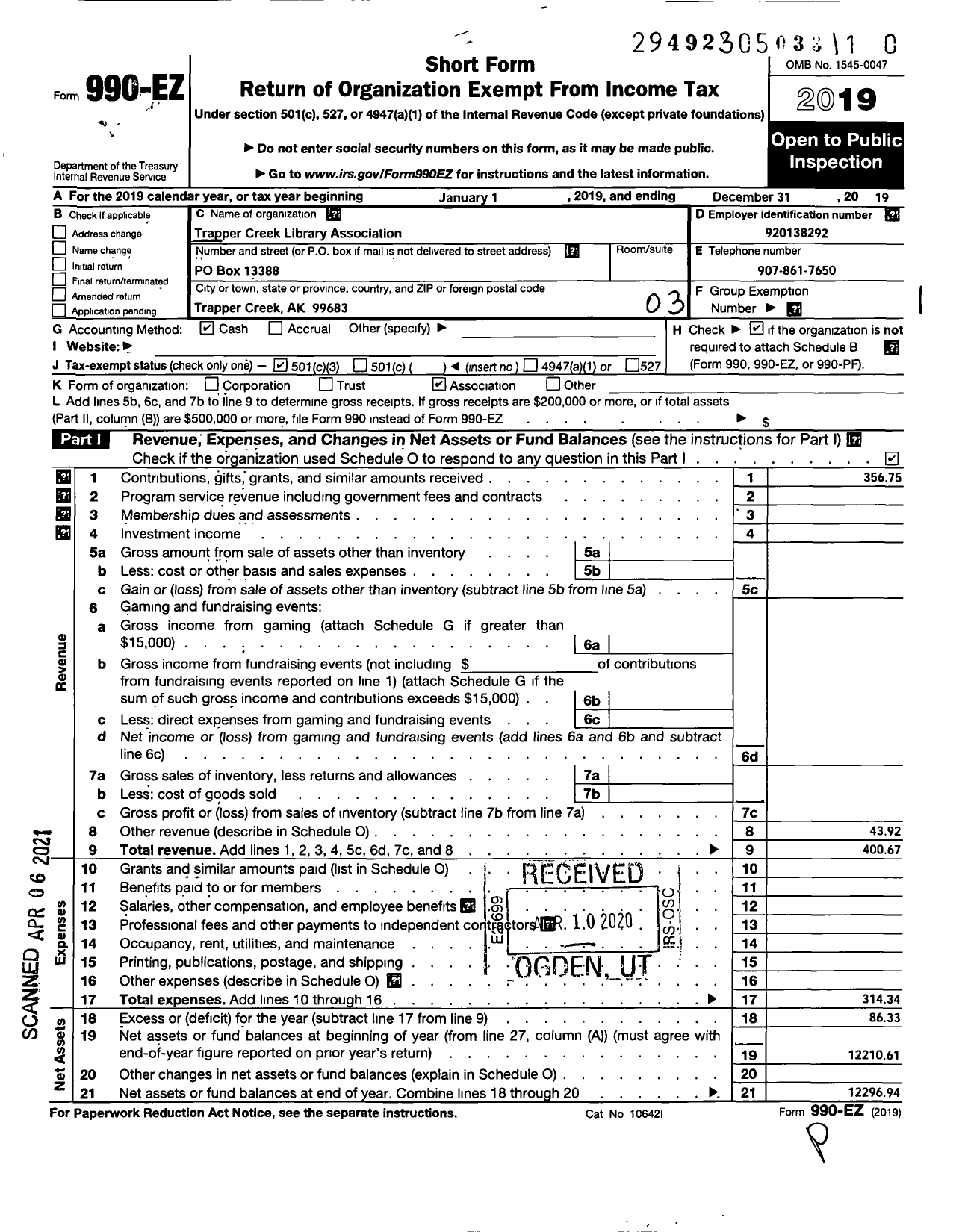 Image of first page of 2019 Form 990EZ for Trapper Creek Library Association