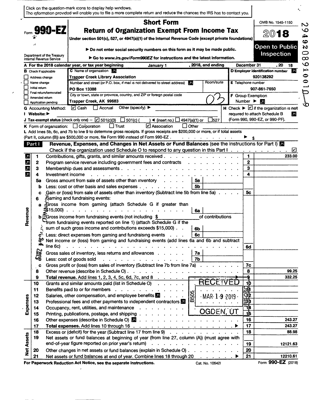 Image of first page of 2018 Form 990EZ for Trapper Creek Library Association