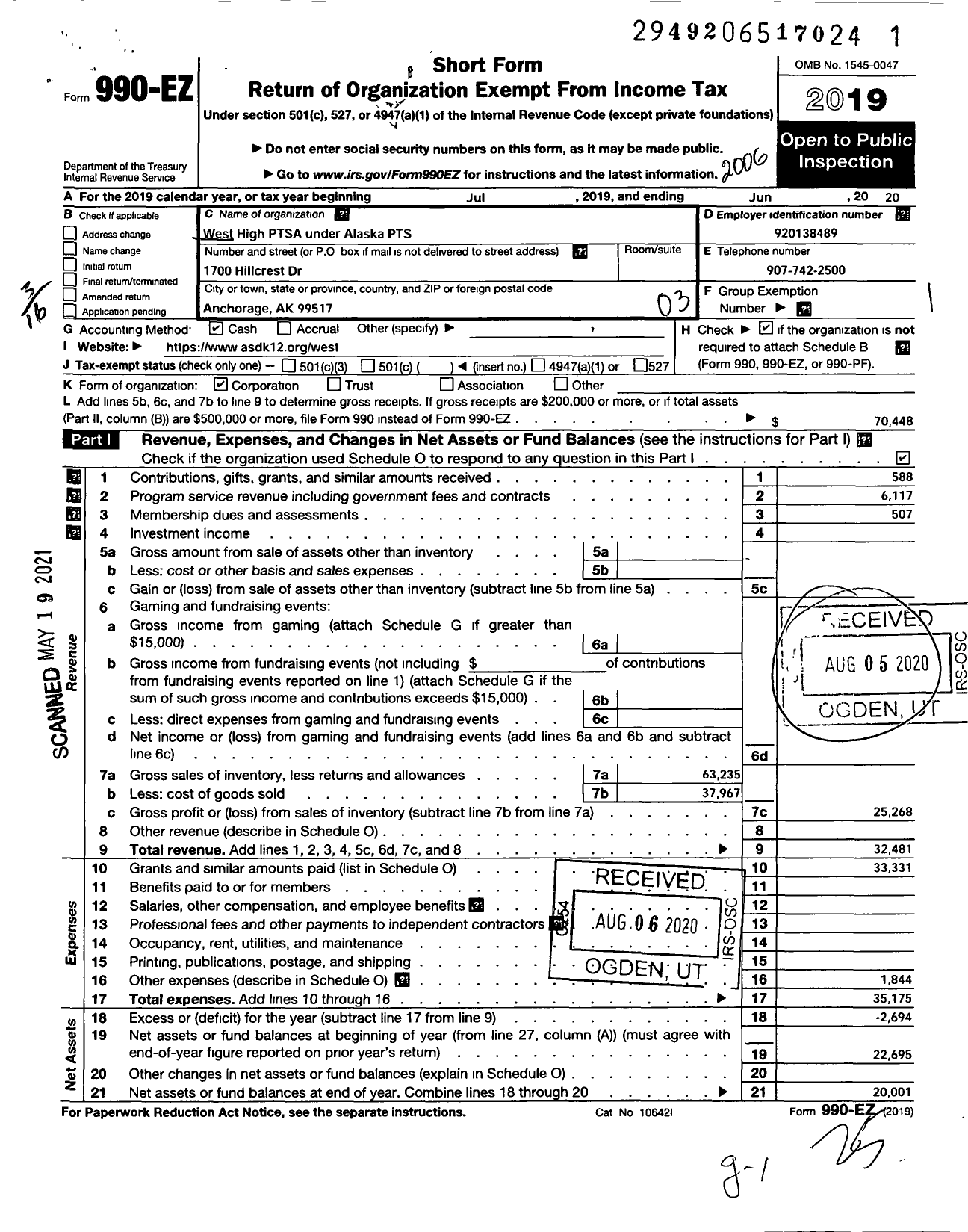 Image of first page of 2019 Form 990EZ for Alaska PTA / West High PTA Alaska