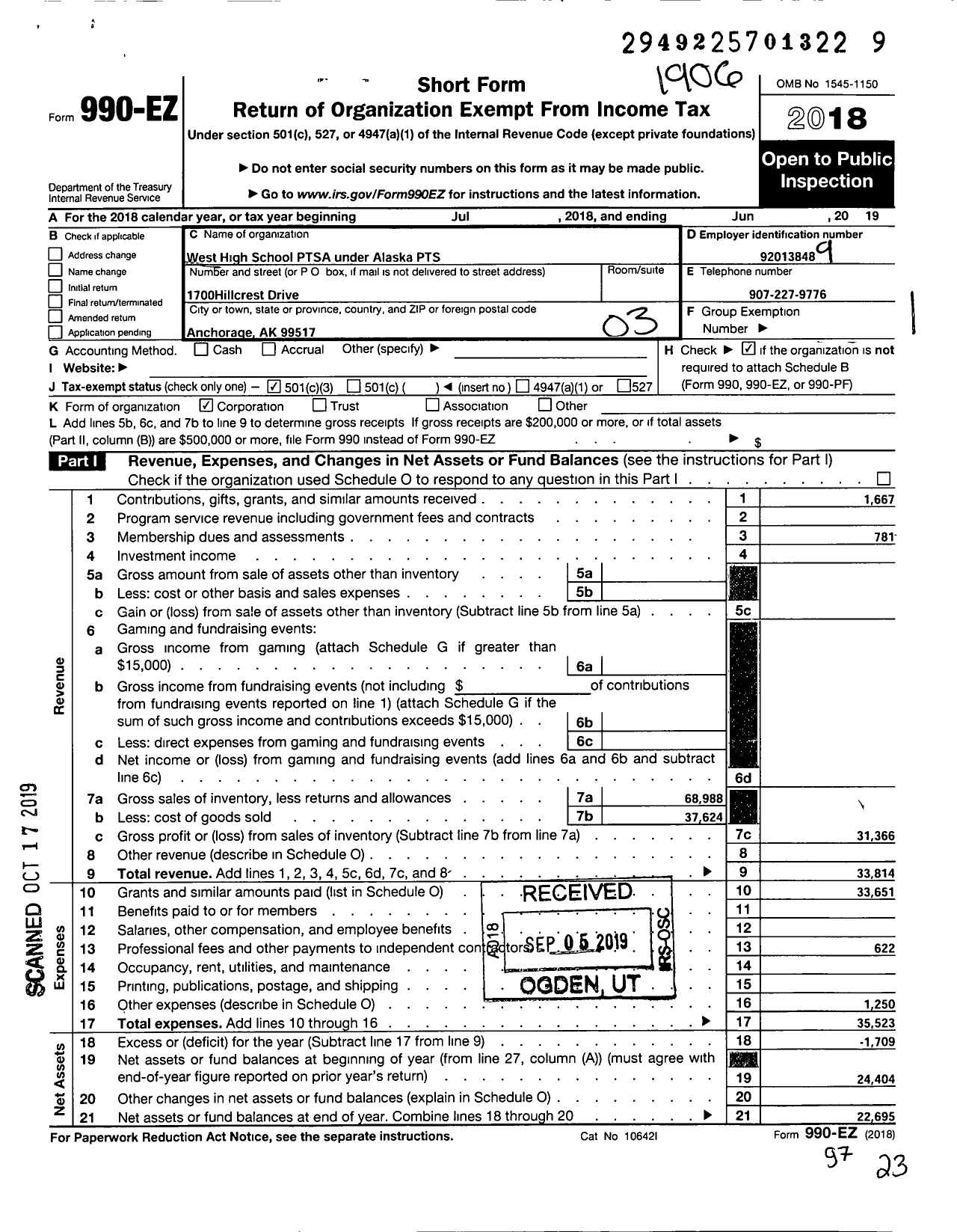 Image of first page of 2018 Form 990EZ for Alaska PTA / West High PTA Alaska