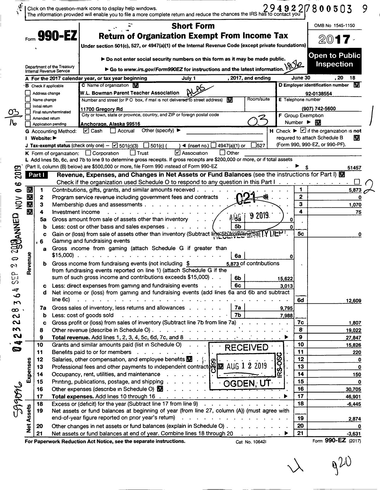 Image of first page of 2017 Form 990EZ for Alaska PTA Bowman Elementary PTA
