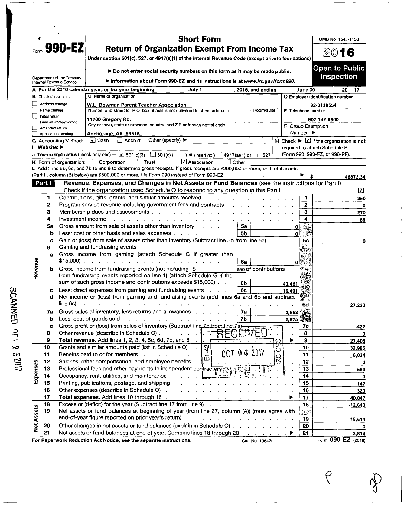 Image of first page of 2016 Form 990EZ for Alaska PTA Bowman Elementary PTA