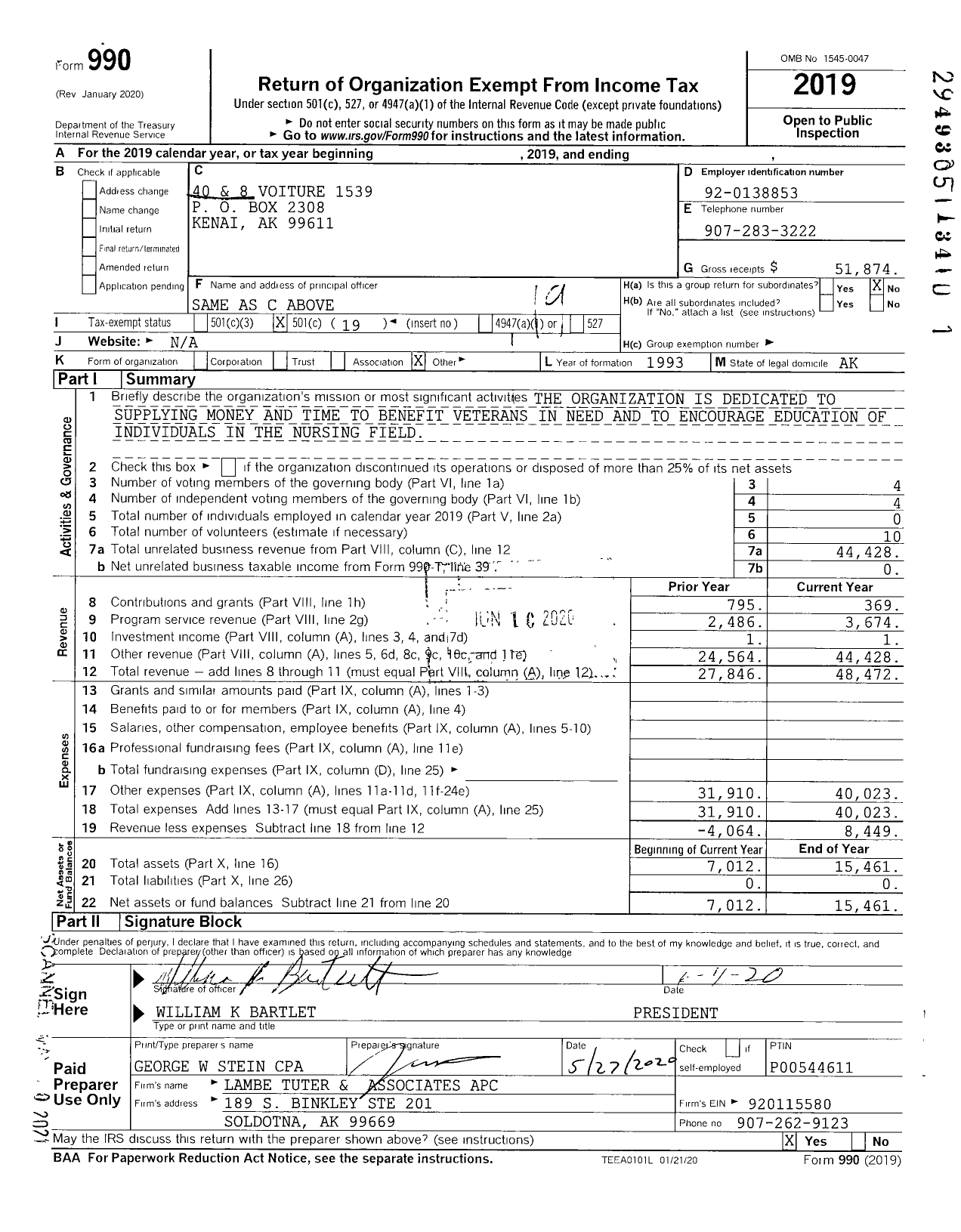 Image of first page of 2019 Form 990O for The Forty and Eight - 1539 Voiture Locale