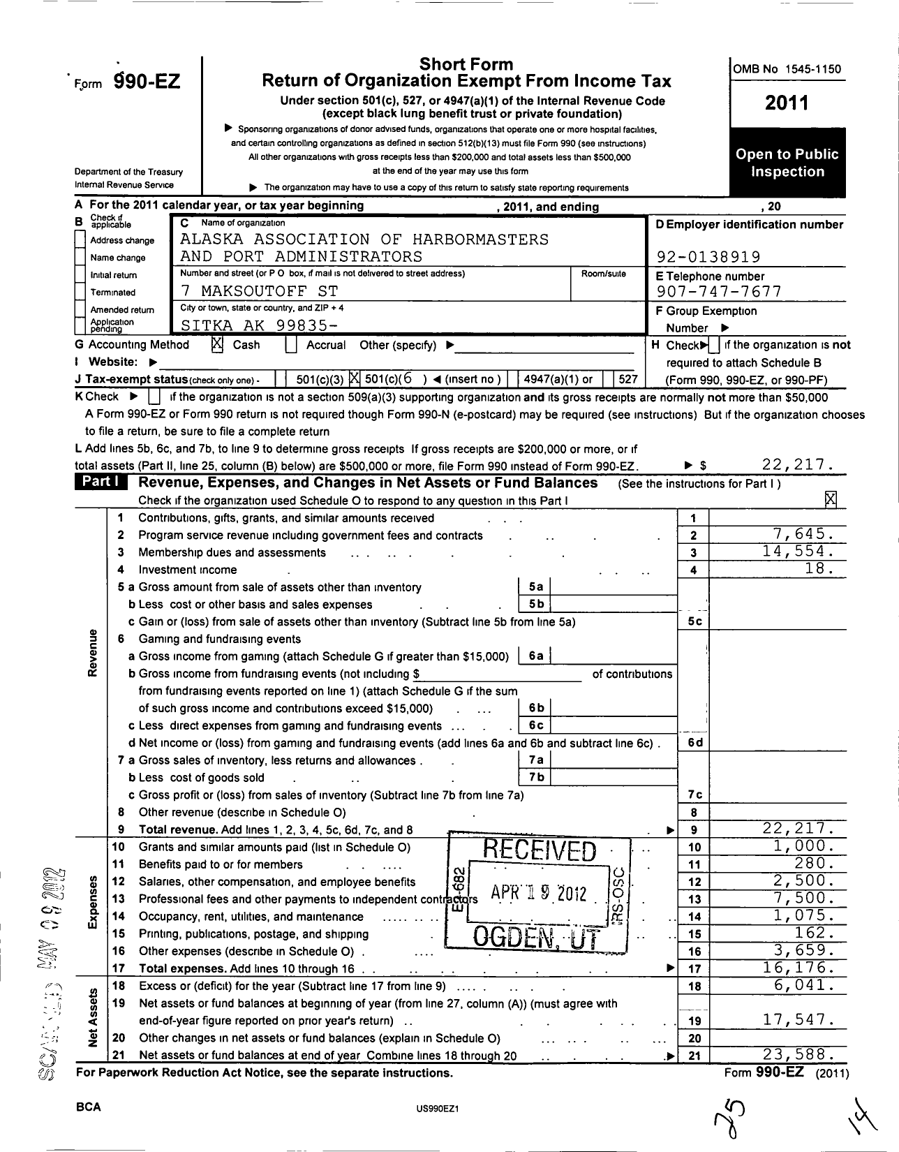 Image of first page of 2011 Form 990EO for Alaska Association of Harbormasters and Port Administrators