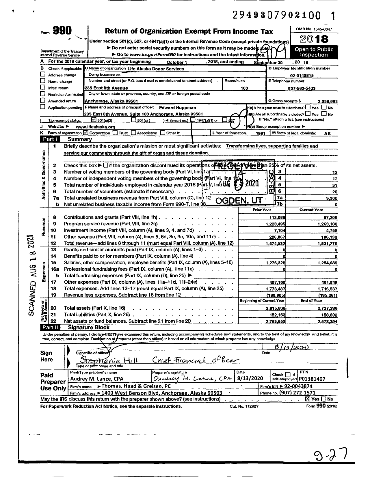 Image of first page of 2018 Form 990 for Life Alaska Donor Services