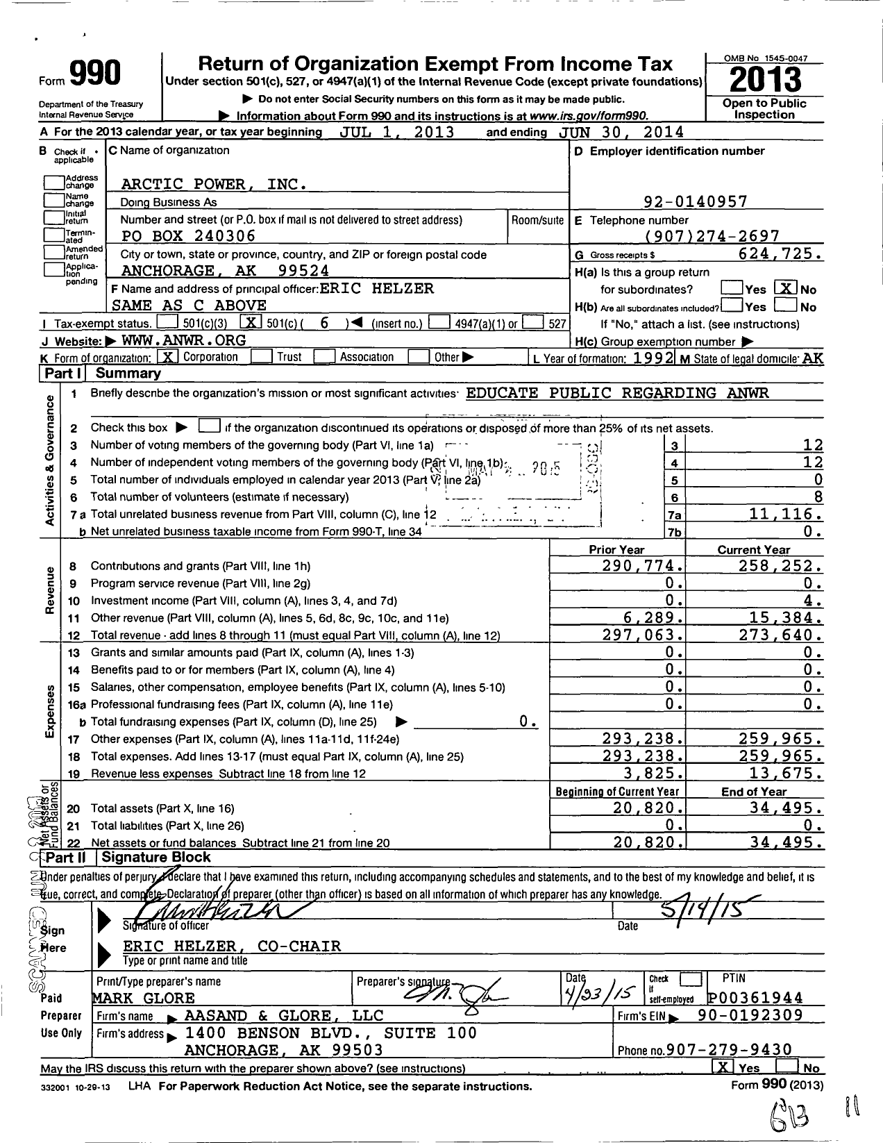 Image of first page of 2013 Form 990O for Arctic Power