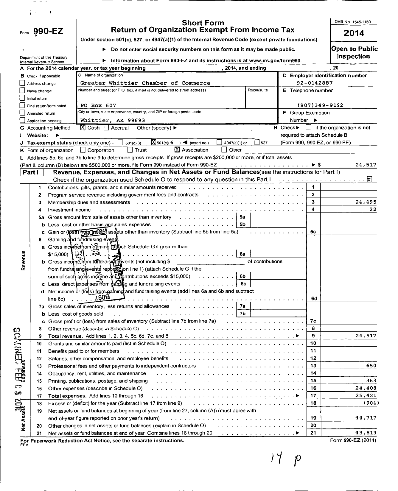 Image of first page of 2014 Form 990EO for Greater Whittier Chamber of Commerce