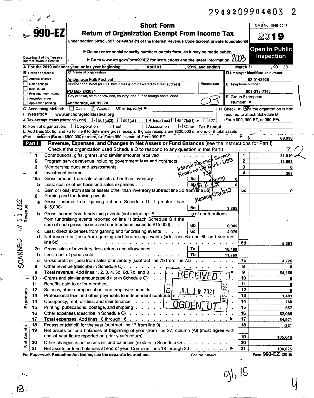 Image of first page of 2019 Form 990EZ for Anchorage Folk Festival