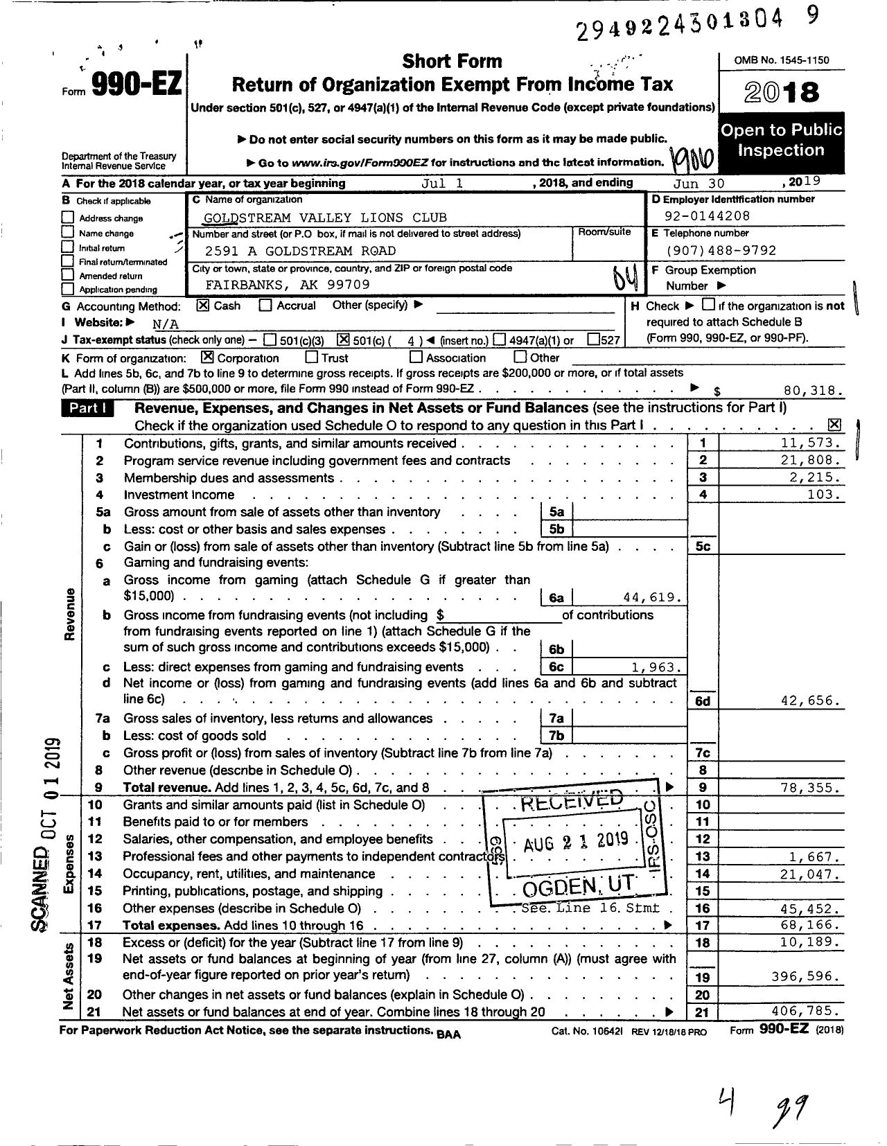 Image of first page of 2018 Form 990EO for Lions Clubs - Goldstream Valley Lions Club