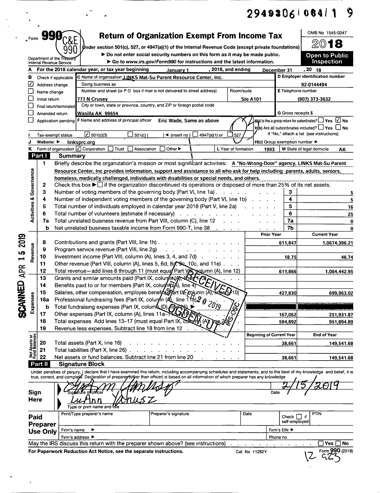 Image of first page of 2018 Form 990 for Links Mat-Su Parent Resource Center LLC