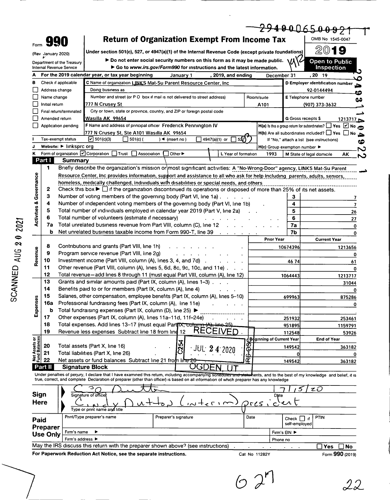 Image of first page of 2019 Form 990 for Links Mat-Su Parent Resource Center LLC