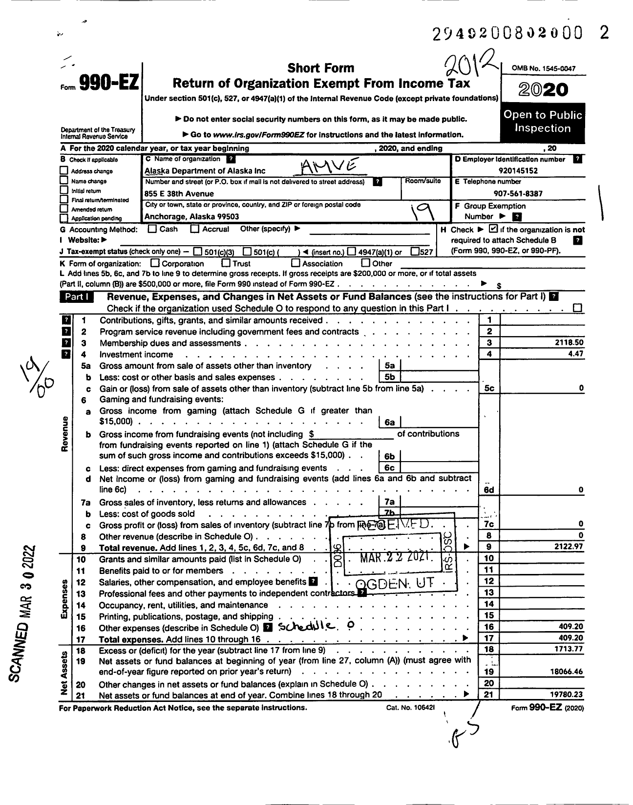 Image of first page of 2020 Form 990EO for Amvets - Alaska Department