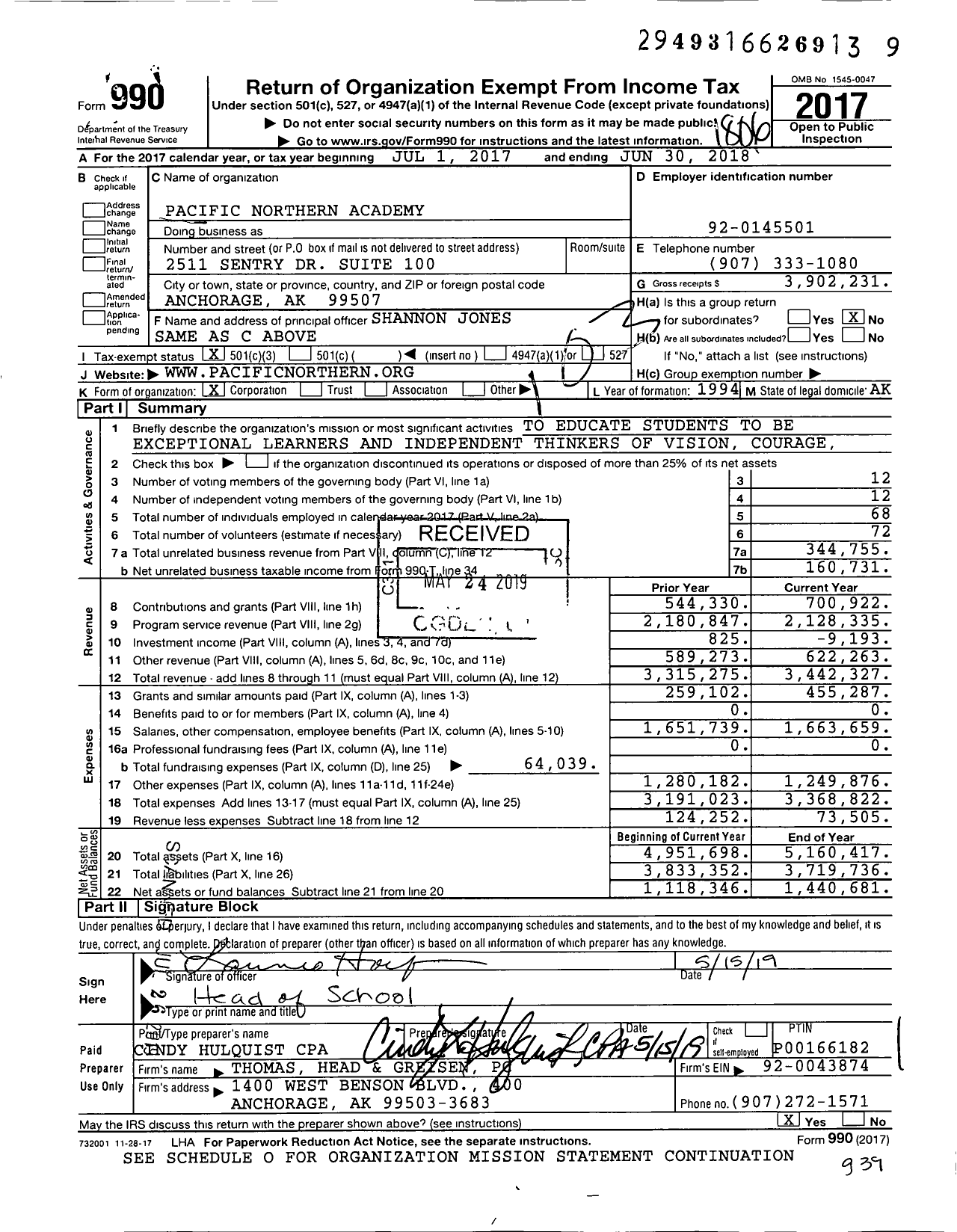 Image of first page of 2017 Form 990 for Pacific Northern Academy (PNA)