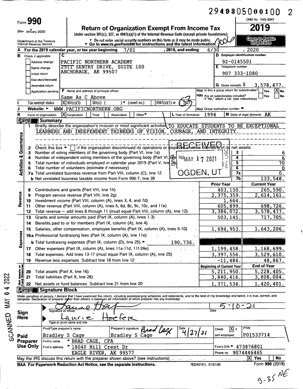 Image of first page of 2019 Form 990 for Pacific Northern Academy (PNA)