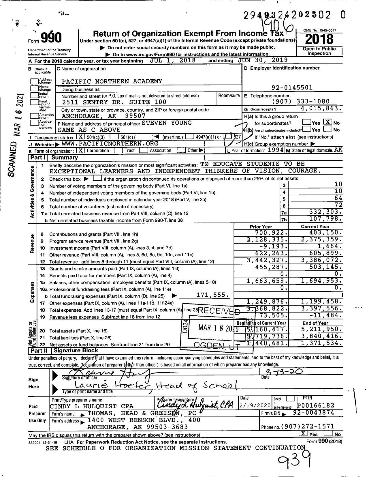 Image of first page of 2018 Form 990 for Pacific Northern Academy (PNA)