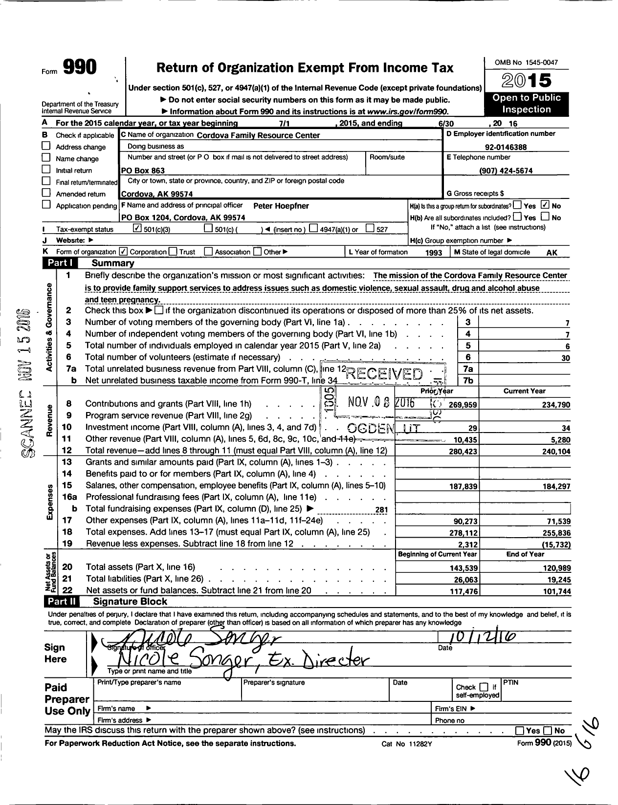 Image of first page of 2015 Form 990 for Cordova Family Resource Center