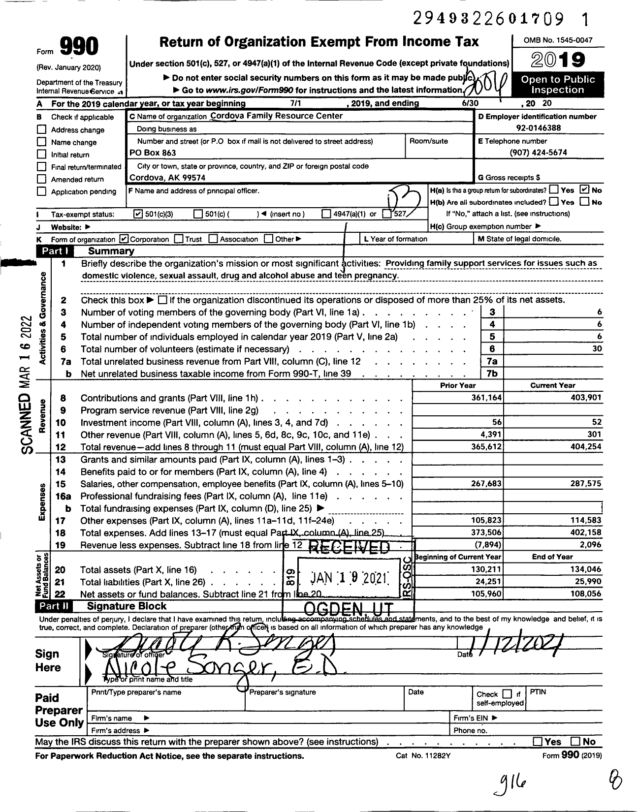 Image of first page of 2019 Form 990 for Cordova Family Resource Center