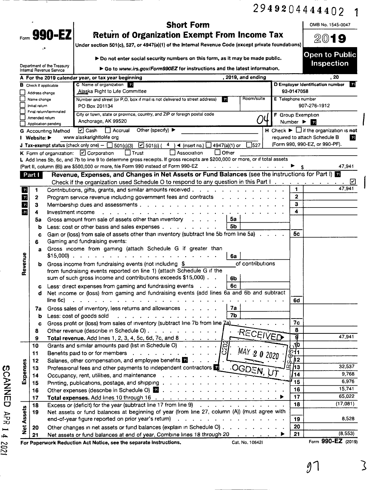 Image of first page of 2019 Form 990EO for Alaska Right To Life Committee