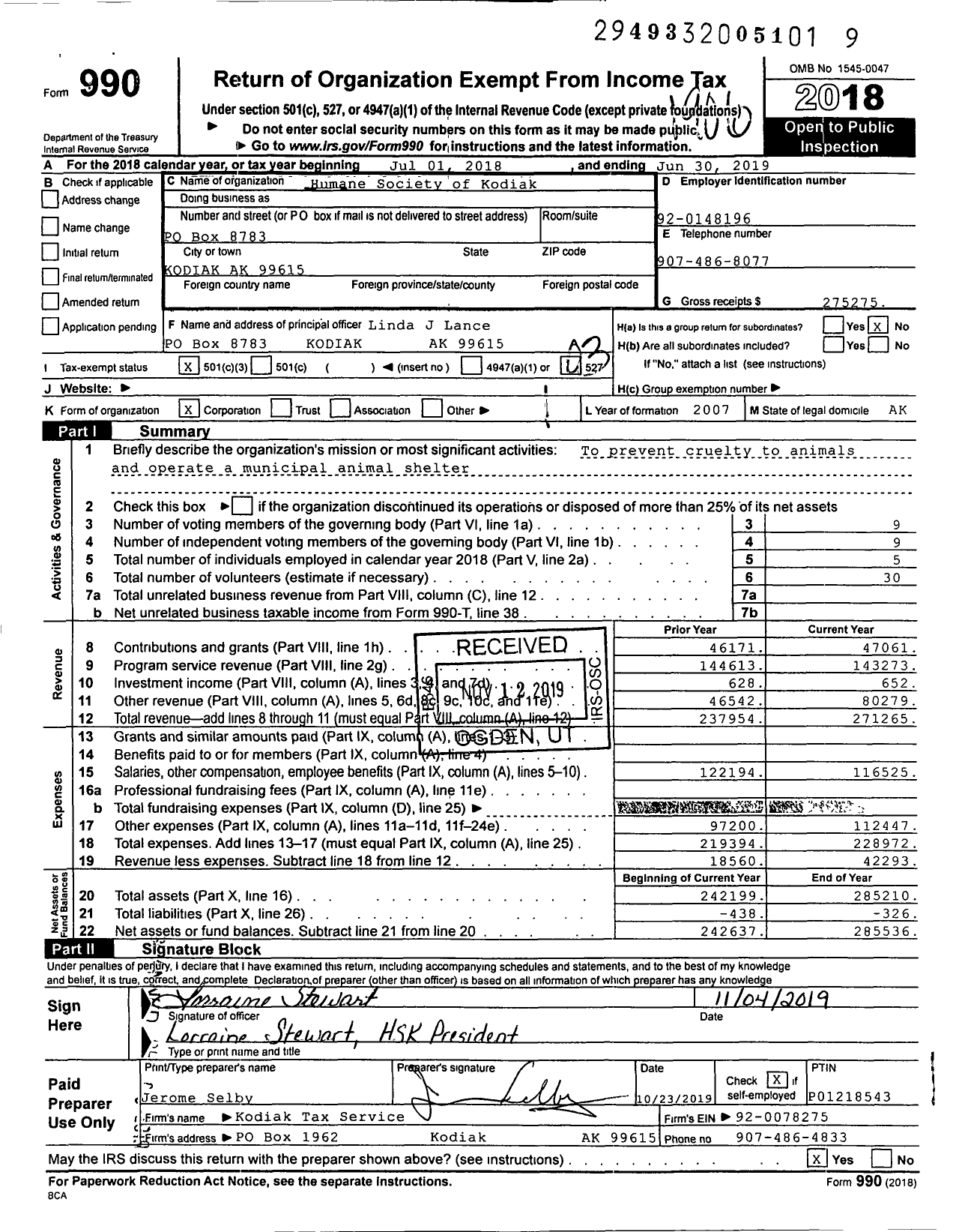 Image of first page of 2018 Form 990 for Humane Society of Kodiak