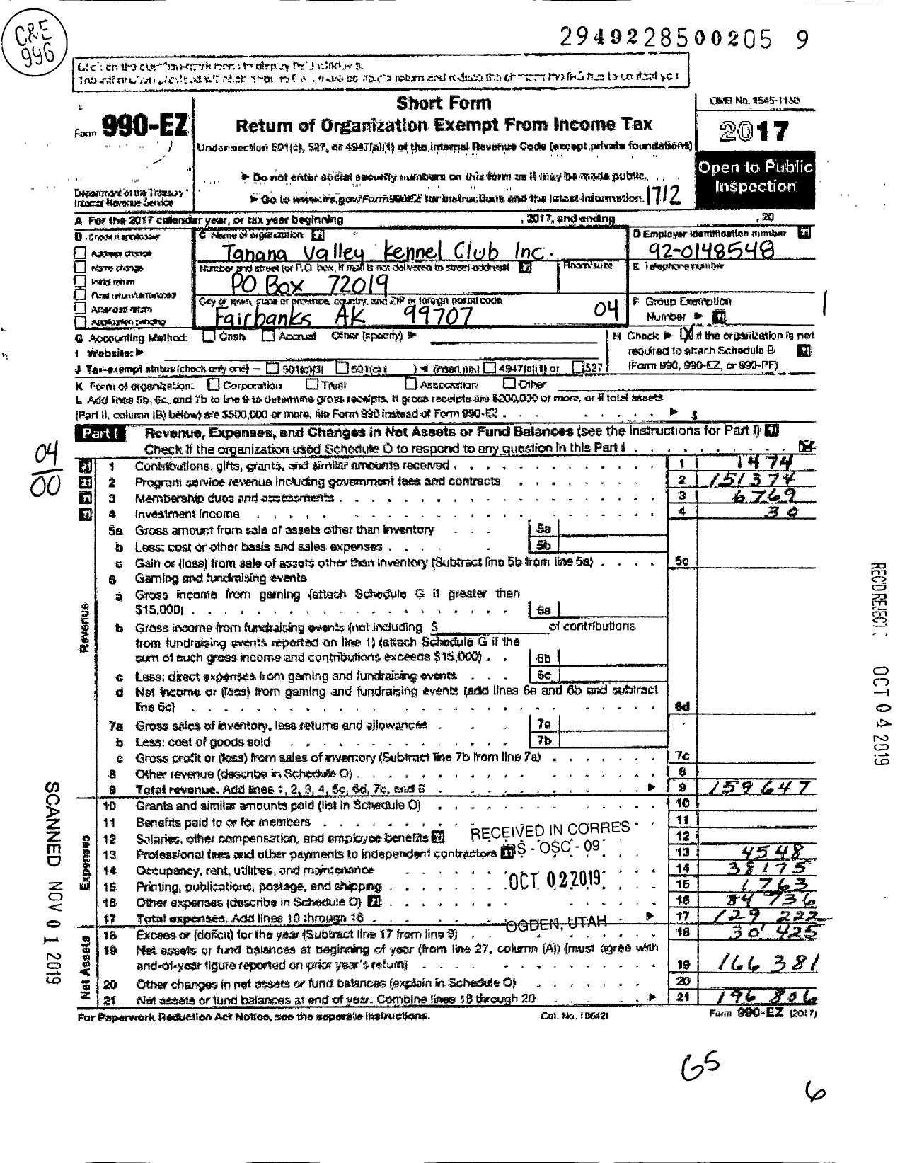 Image of first page of 2017 Form 990EO for Tanana Valley Kennel Club