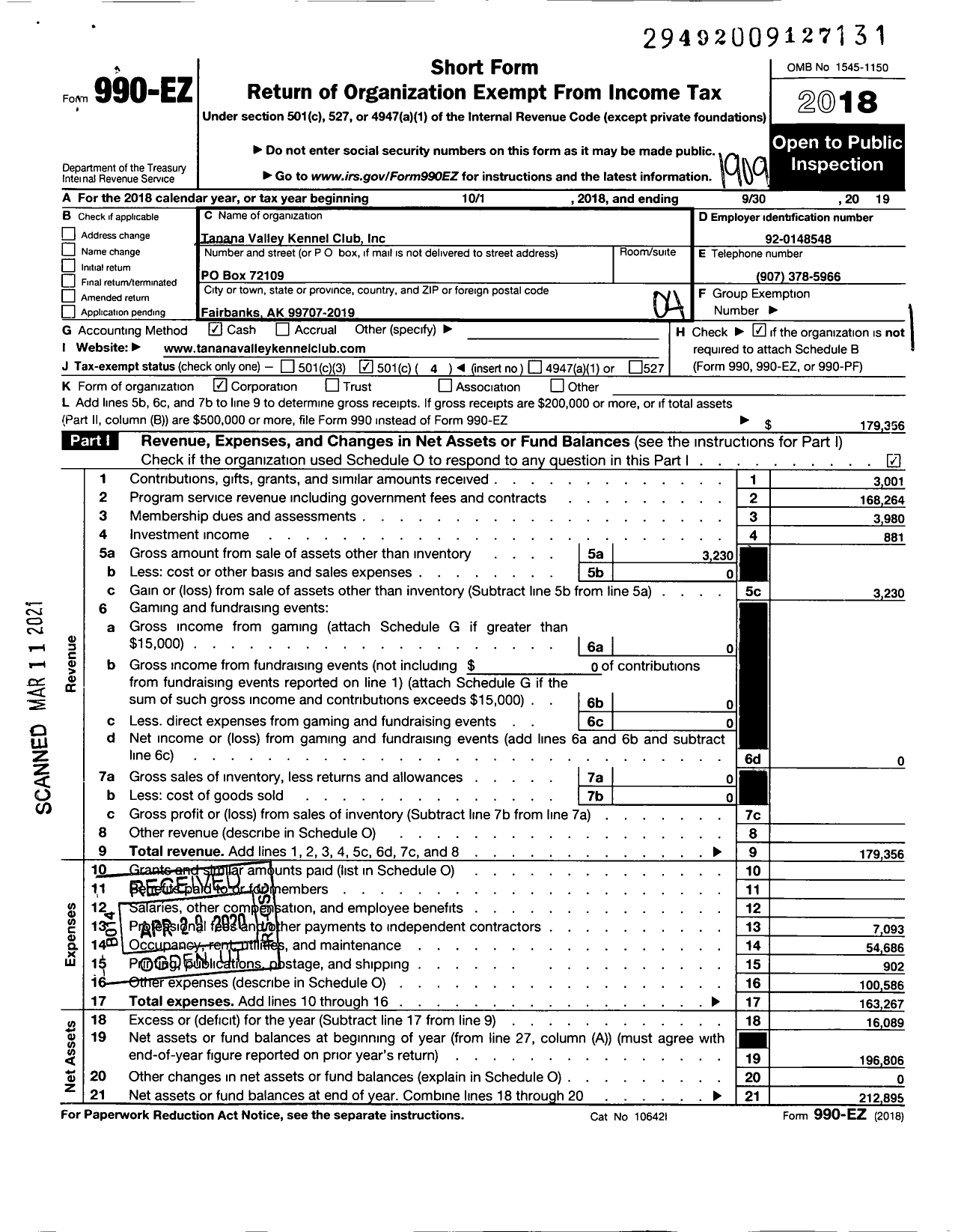 Image of first page of 2018 Form 990EO for Tanana Valley Kennel Club