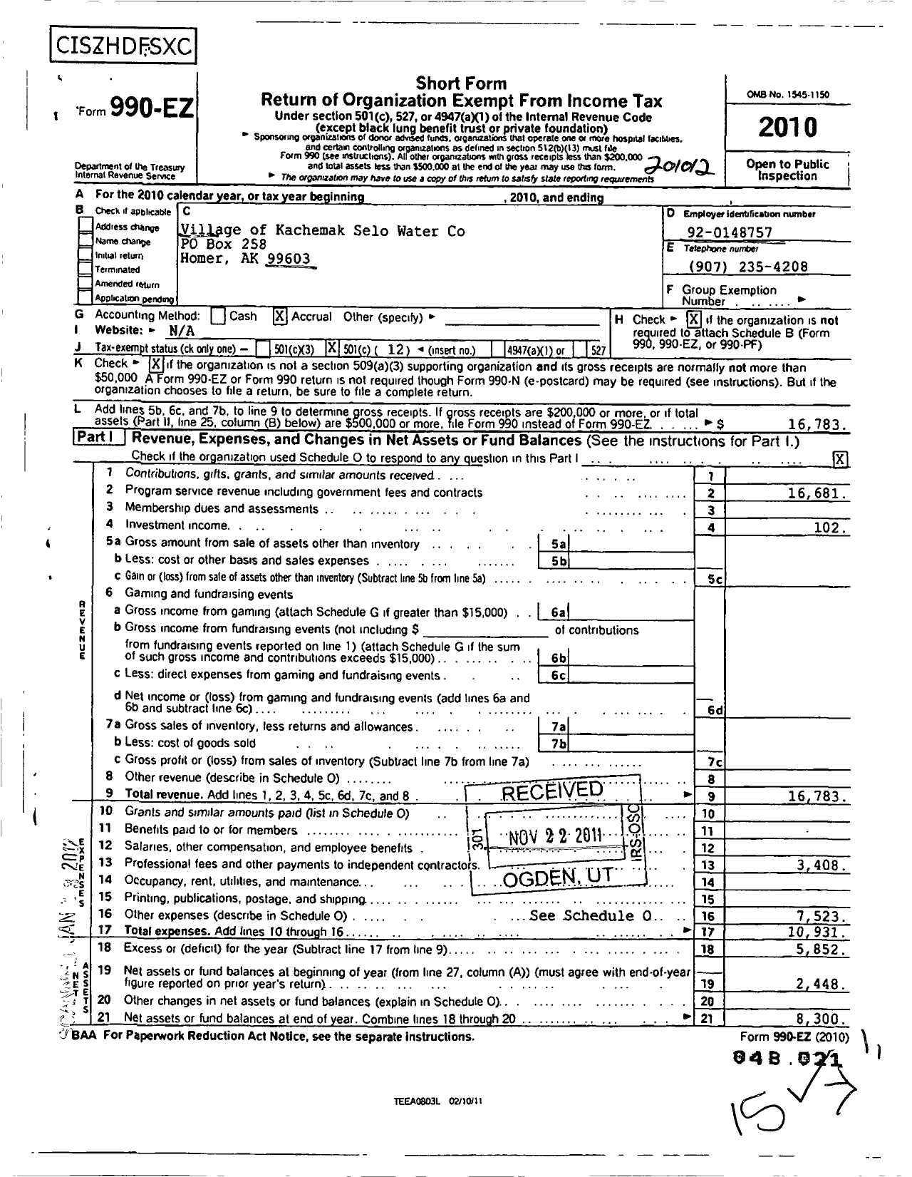 Image of first page of 2010 Form 990EO for Village of Kachemak Selo