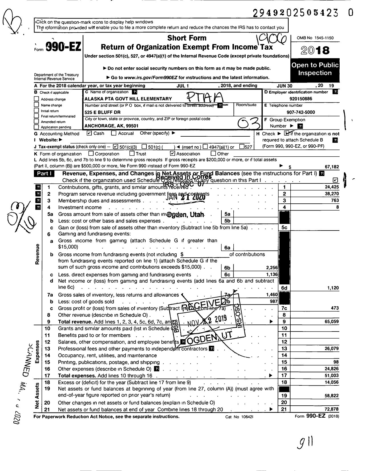 Image of first page of 2018 Form 990EZ for Alaska PTA Govt Hill Elementary