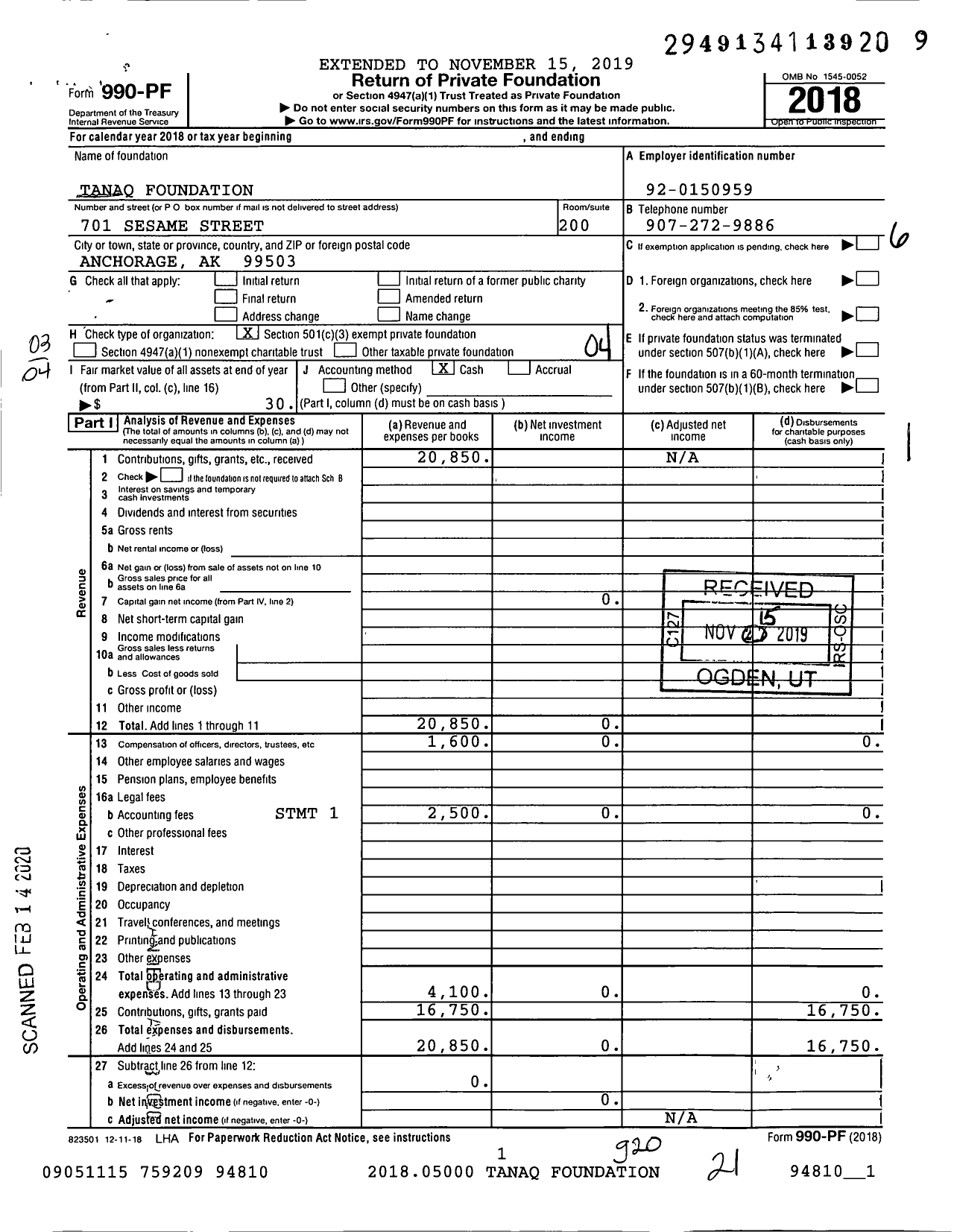 Image of first page of 2018 Form 990PF for Tanaq Foundation