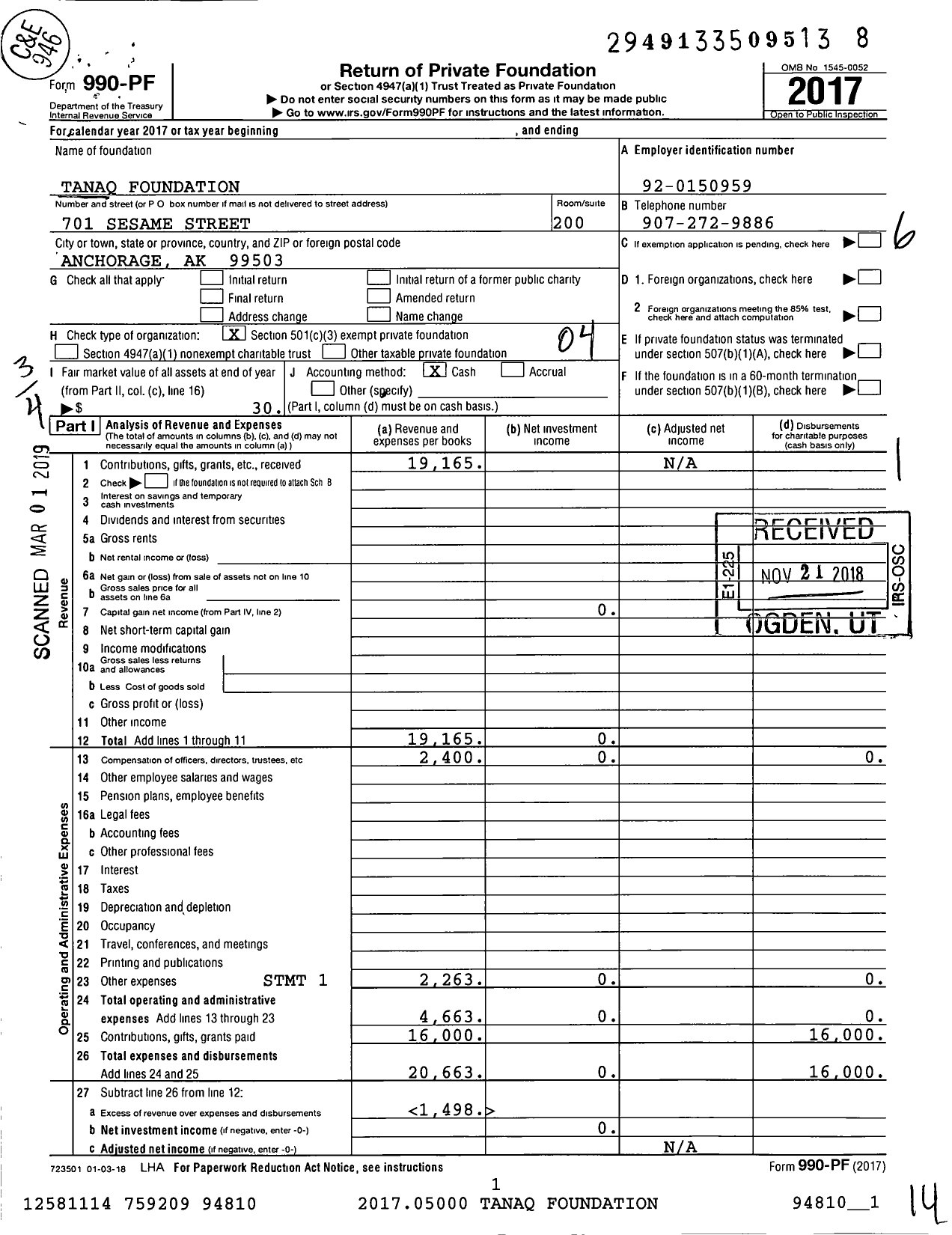 Image of first page of 2017 Form 990PF for Tanaq Foundation