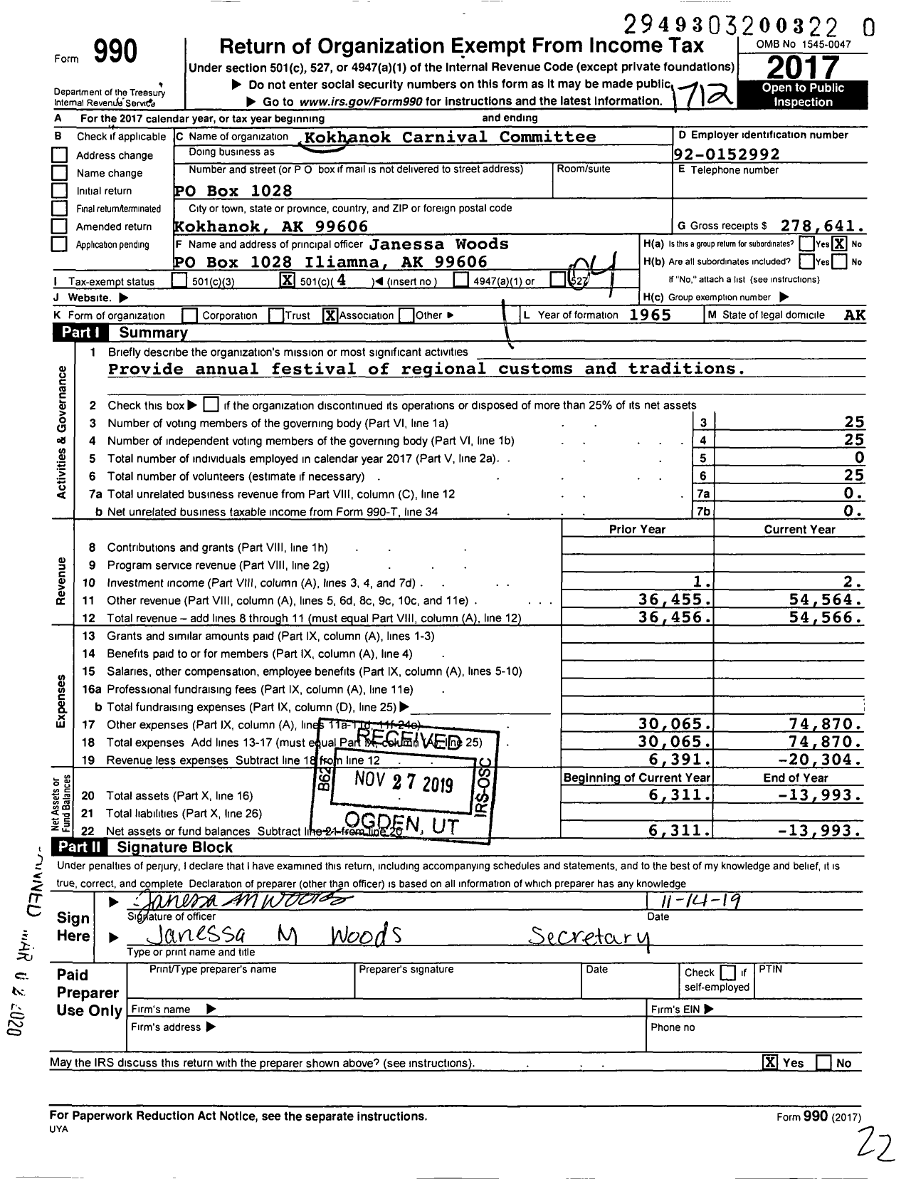 Image of first page of 2017 Form 990O for Kokhanok Carnival Committee Club