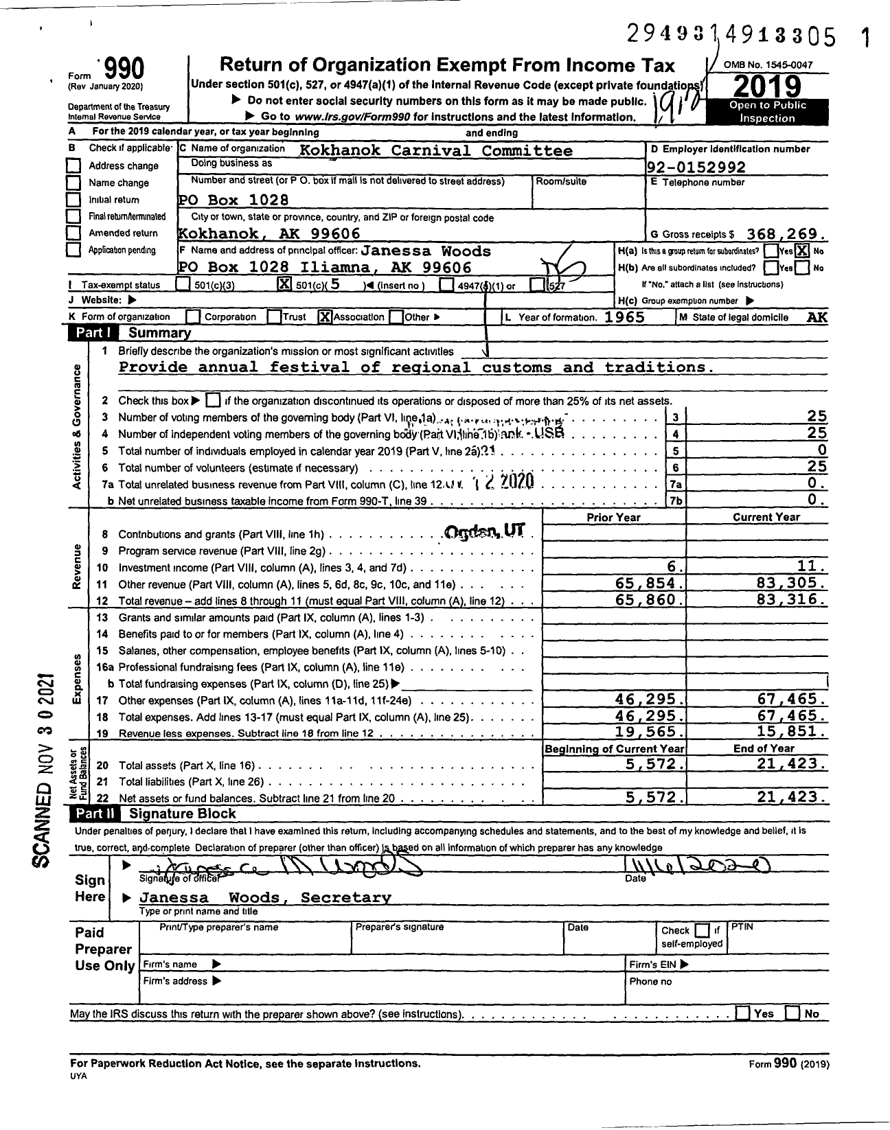 Image of first page of 2019 Form 990O for Kokhanok Carnival Committee Club