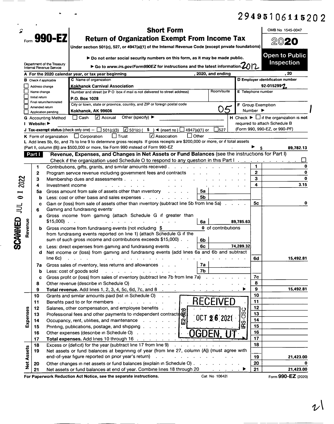 Image of first page of 2020 Form 990EO for Kokhanok Carnival Committee Club