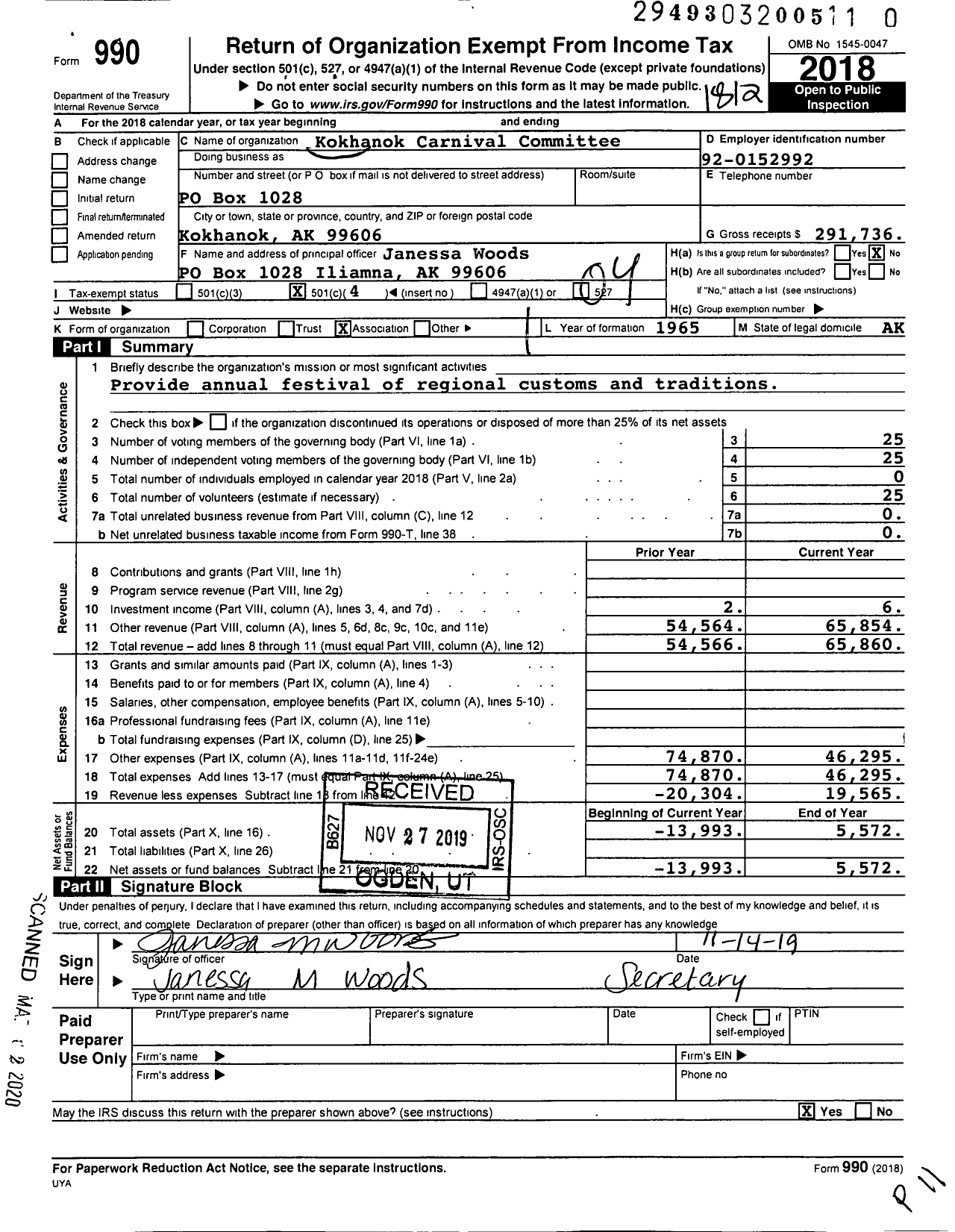 Image of first page of 2018 Form 990O for Kokhanok Carnival Committee Club