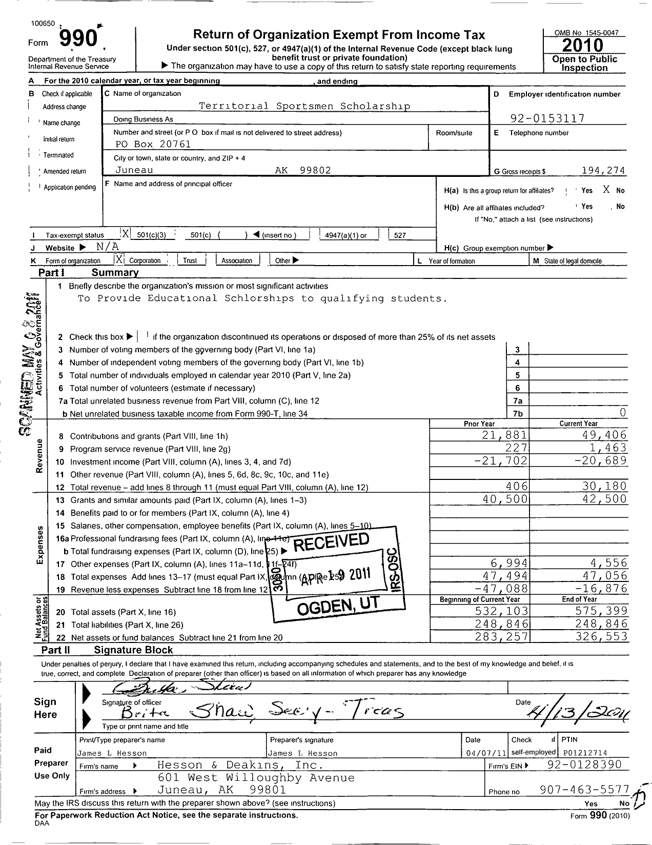 Image of first page of 2010 Form 990 for Territorial Sportsmen Scholarship Foundation