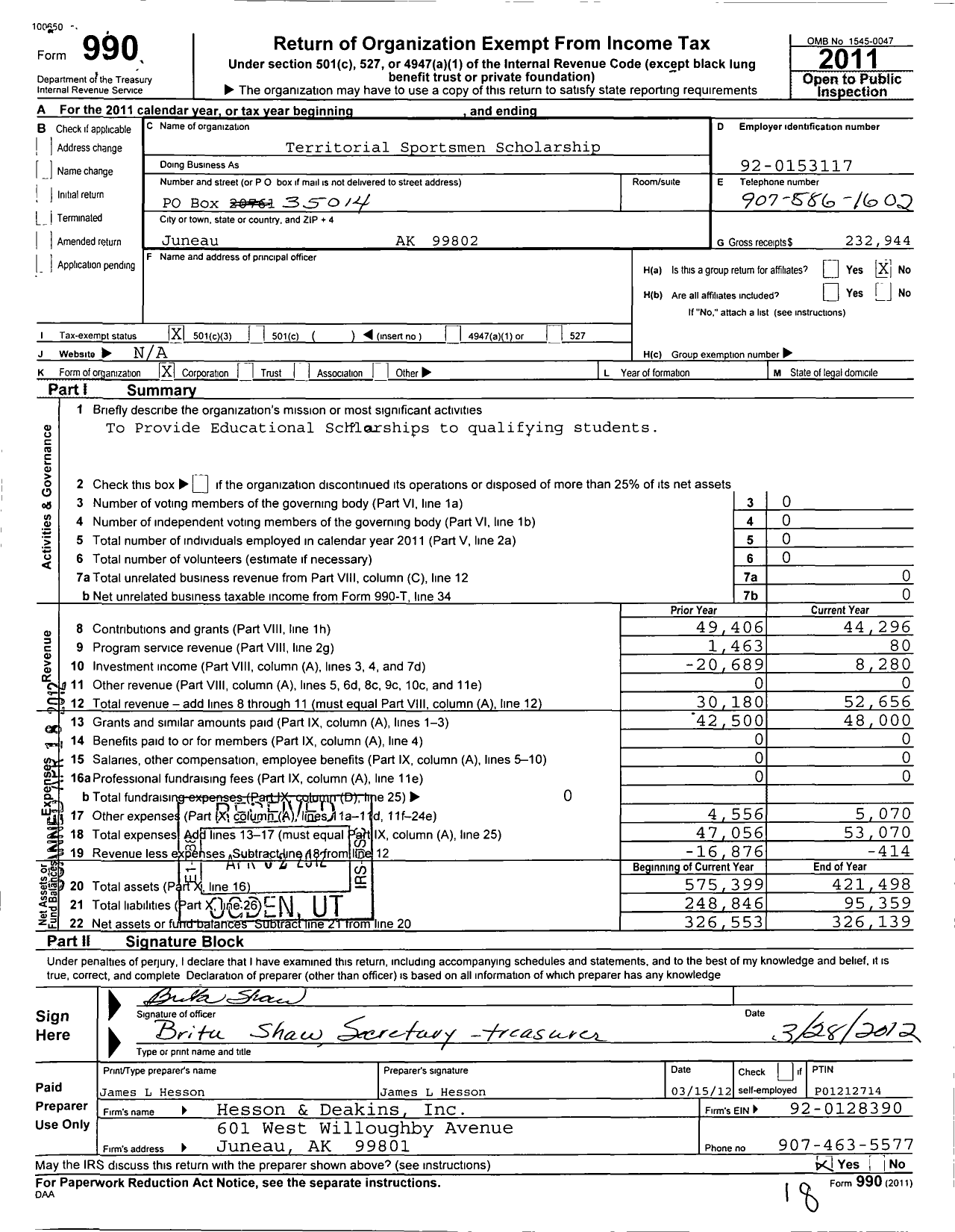 Image of first page of 2011 Form 990 for Territorial Sportsmen Scholarship Foundation