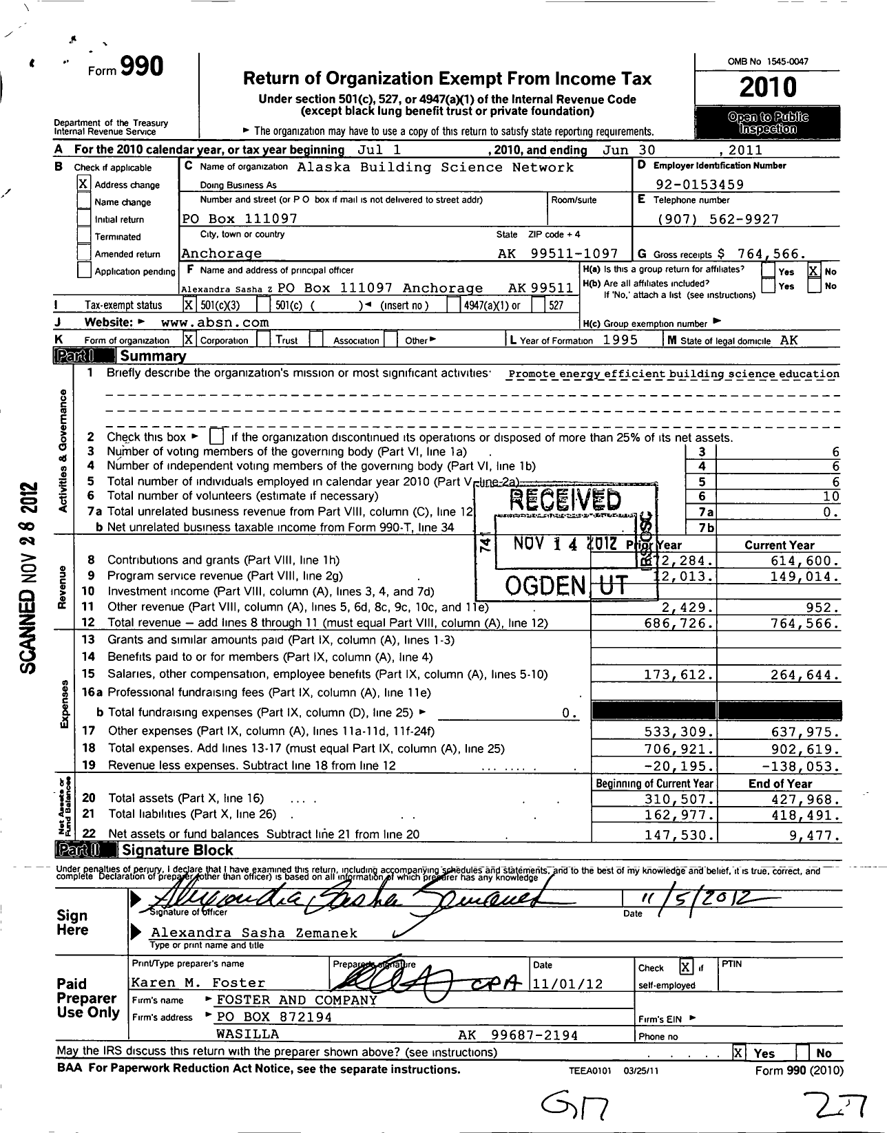 Image of first page of 2010 Form 990 for Alaska Building Science Network (ABSN)