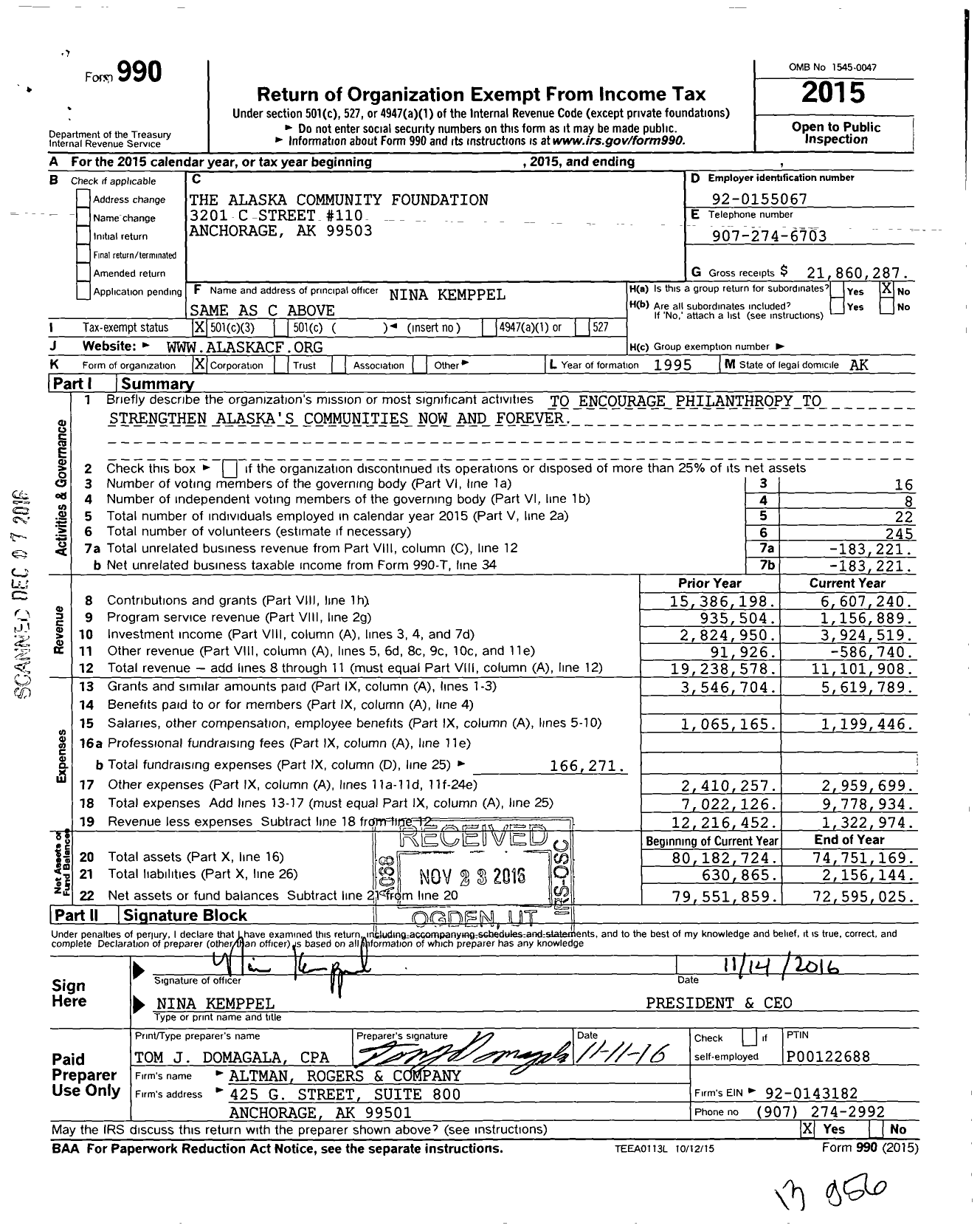 Image of first page of 2015 Form 990 for Alaska Community Foundation (ACF)
