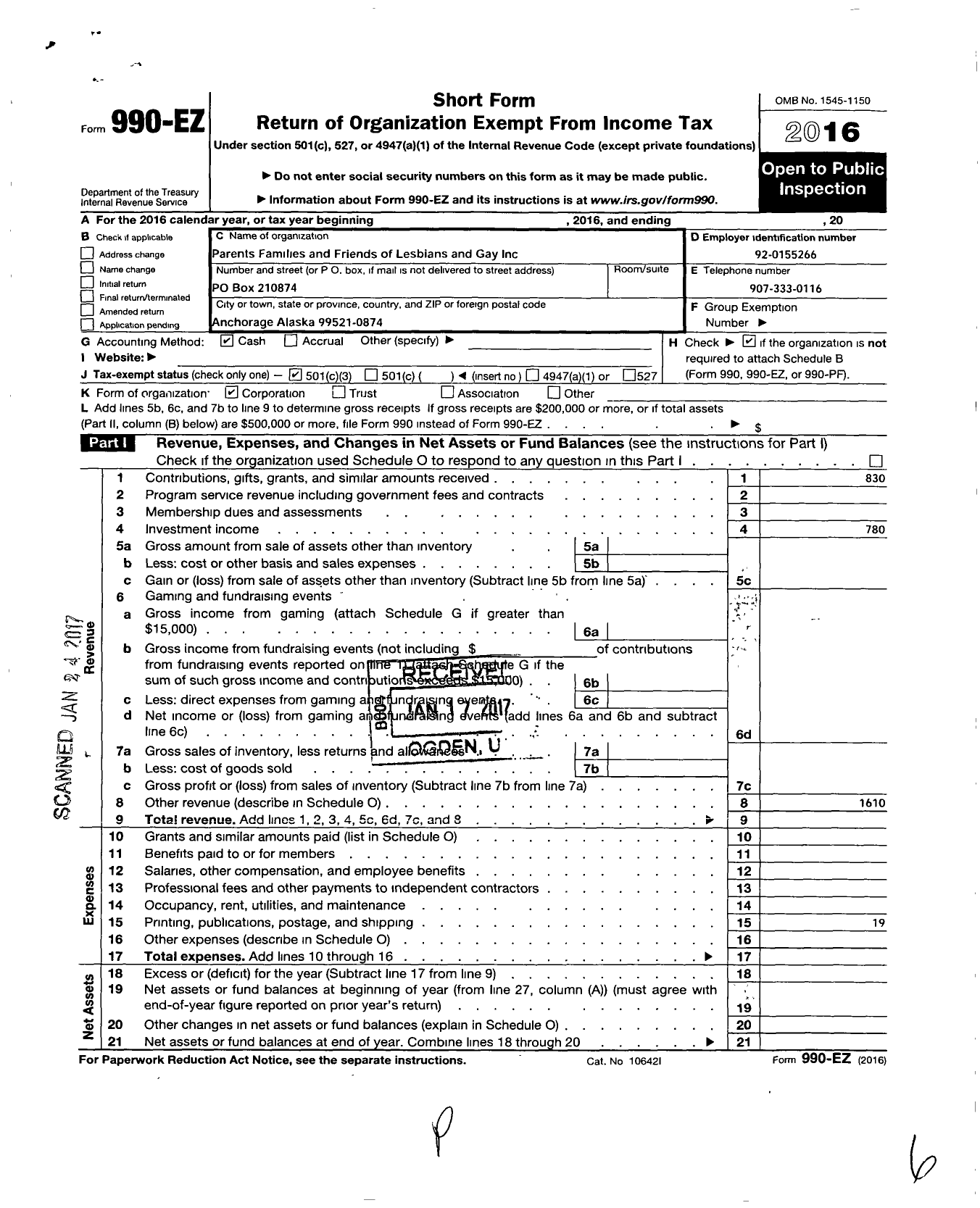 Image of first page of 2016 Form 990EZ for Pflag Anchorage South Central Ak