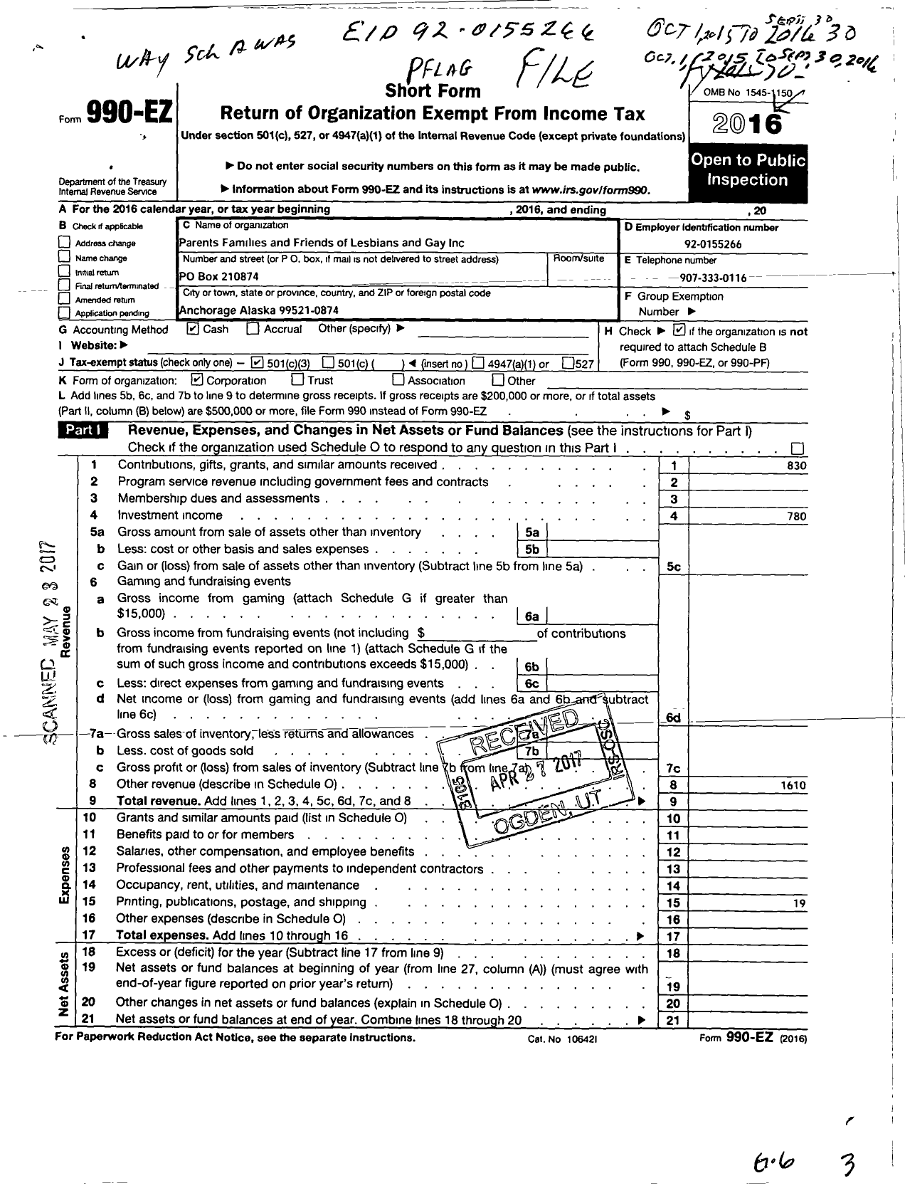 Image of first page of 2015 Form 990EZ for Pflag Anchorage South Central Ak