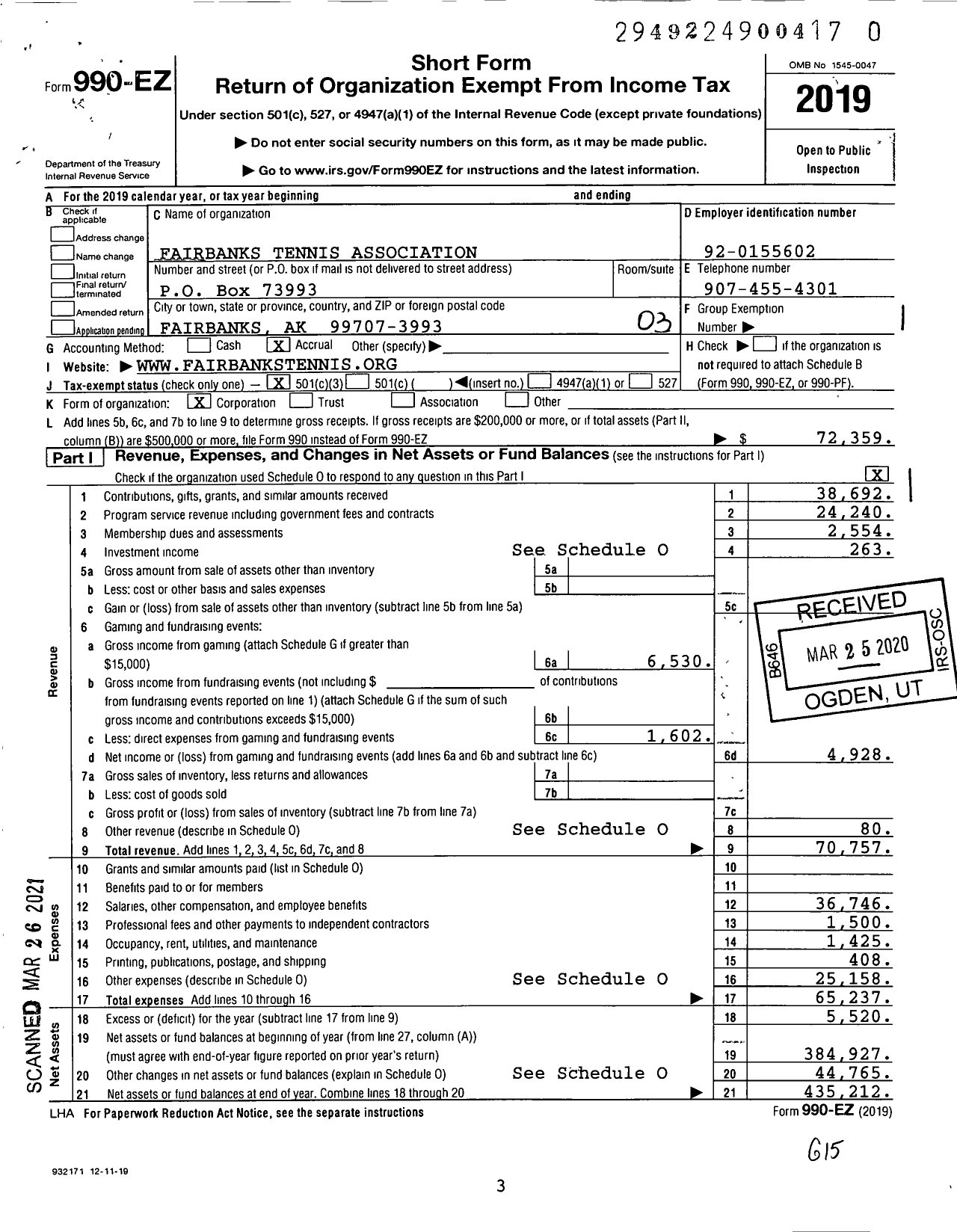 Image of first page of 2019 Form 990EZ for Fairbanks Tennis Association