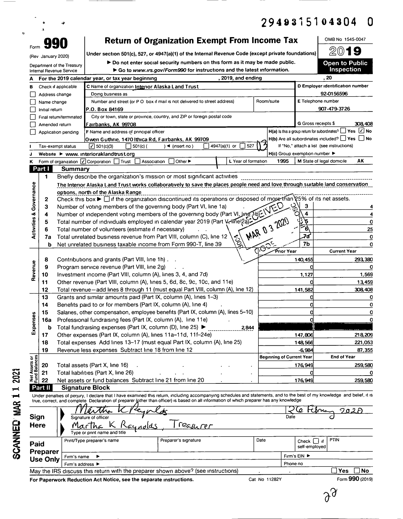 Image of first page of 2019 Form 990 for Interior Alaska Land Trust