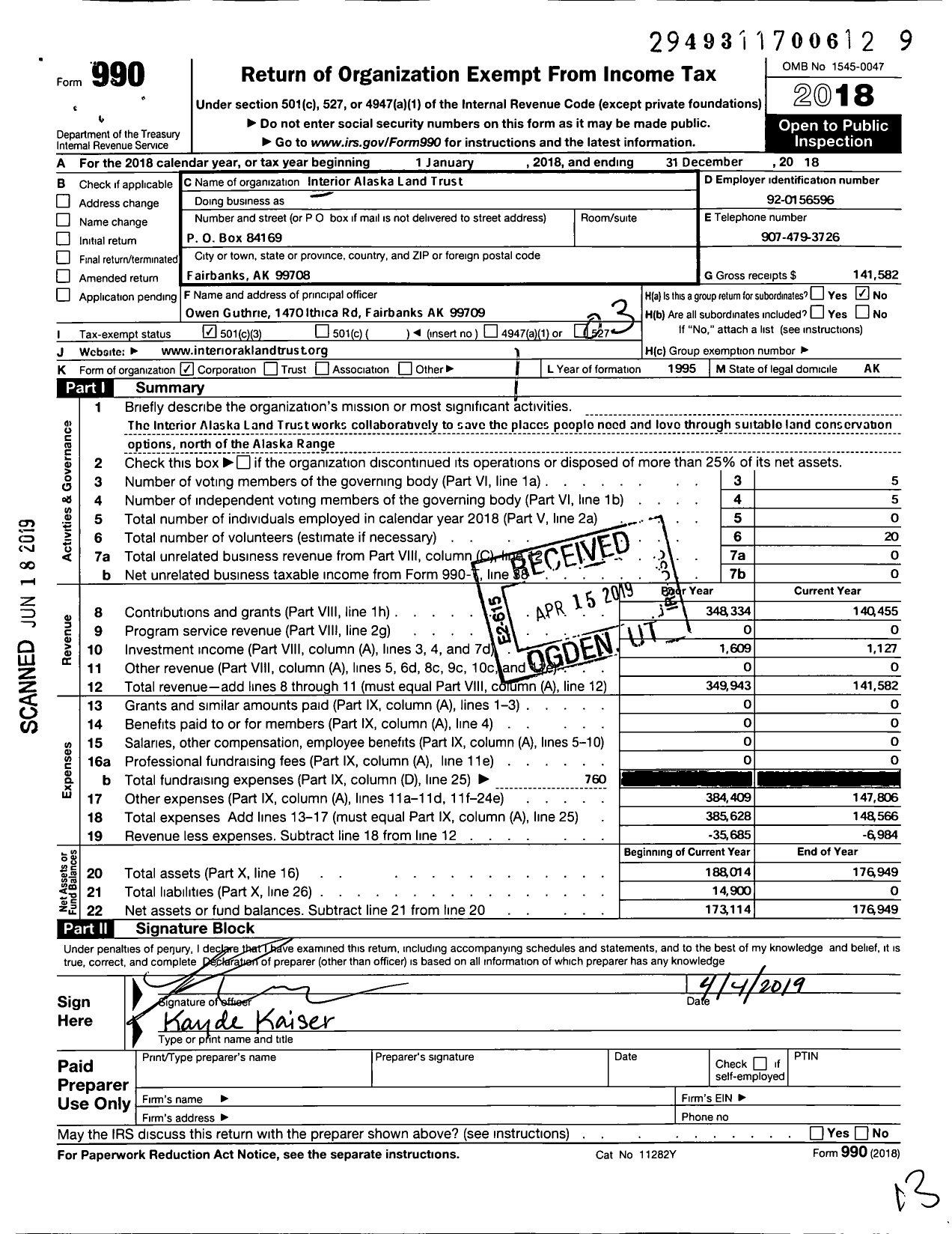 Image of first page of 2018 Form 990 for Interior Alaska Land Trust