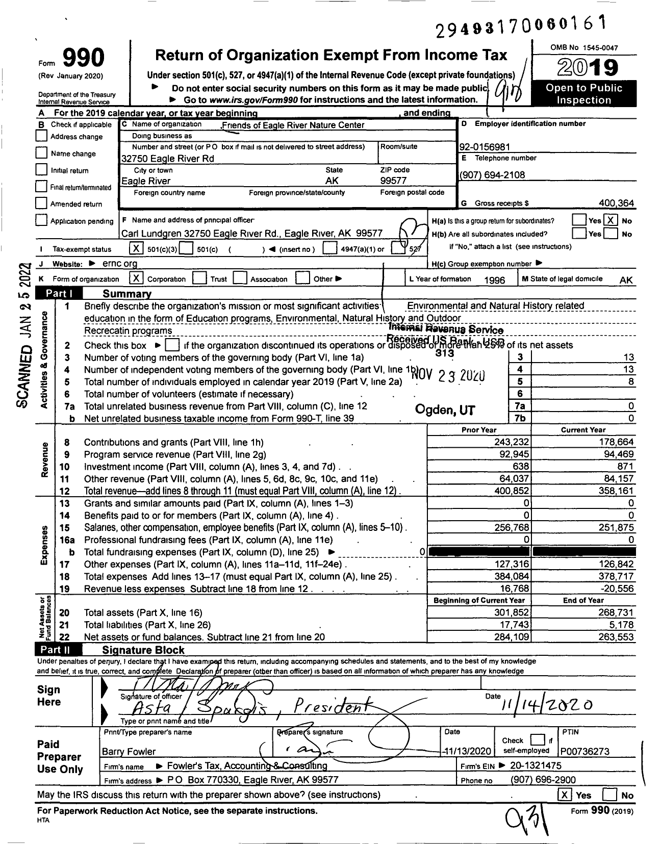 Image of first page of 2019 Form 990 for Friends of Eagle River Nature Center