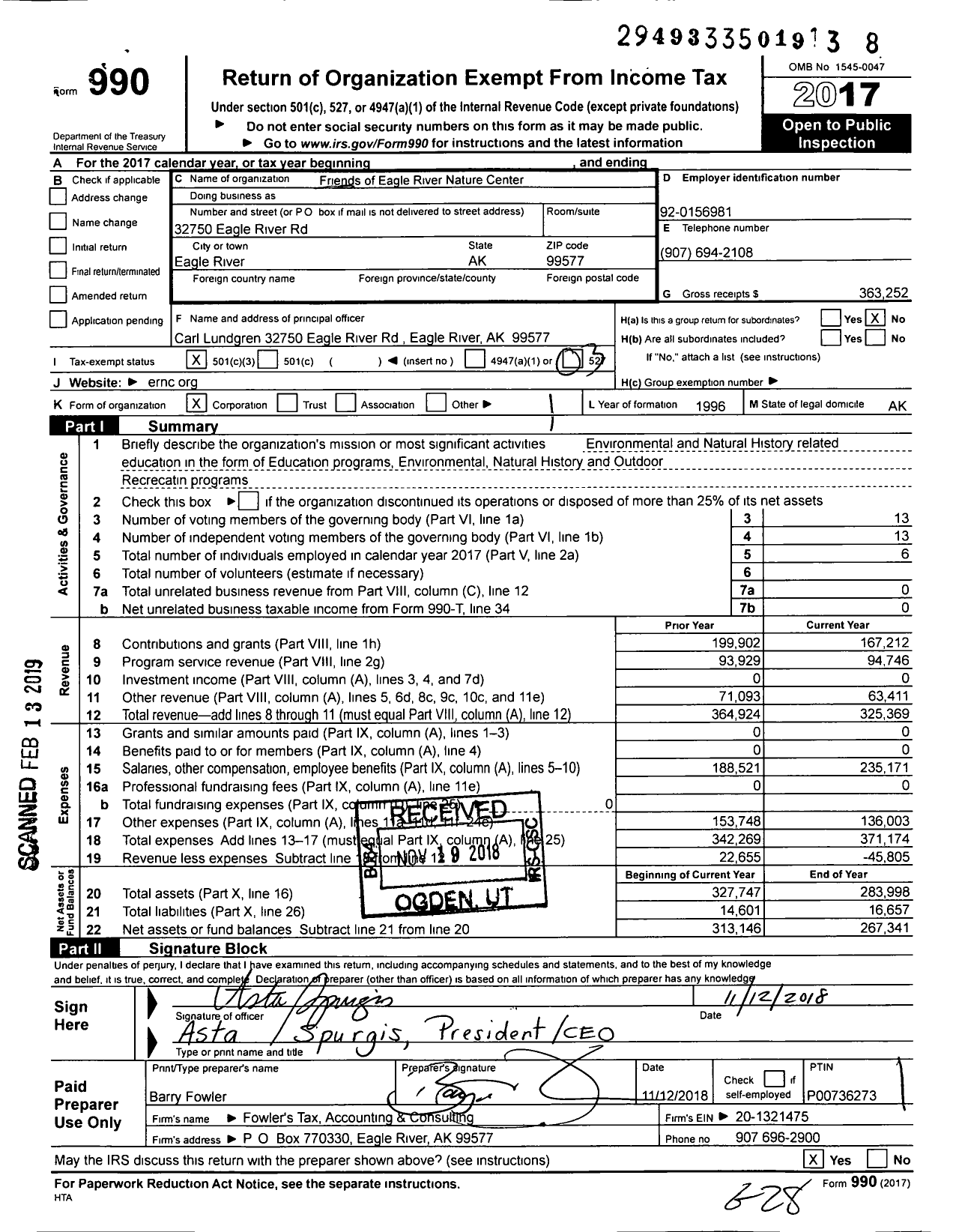 Image of first page of 2017 Form 990 for Friends of Eagle River Nature Center