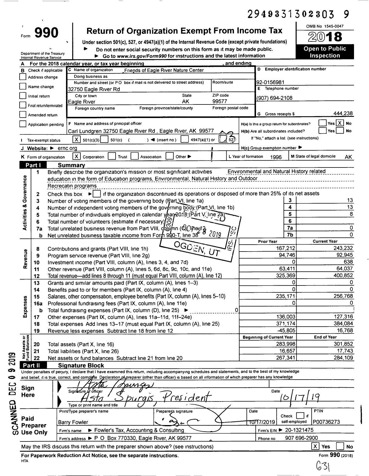 Image of first page of 2018 Form 990 for Friends of Eagle River Nature Center