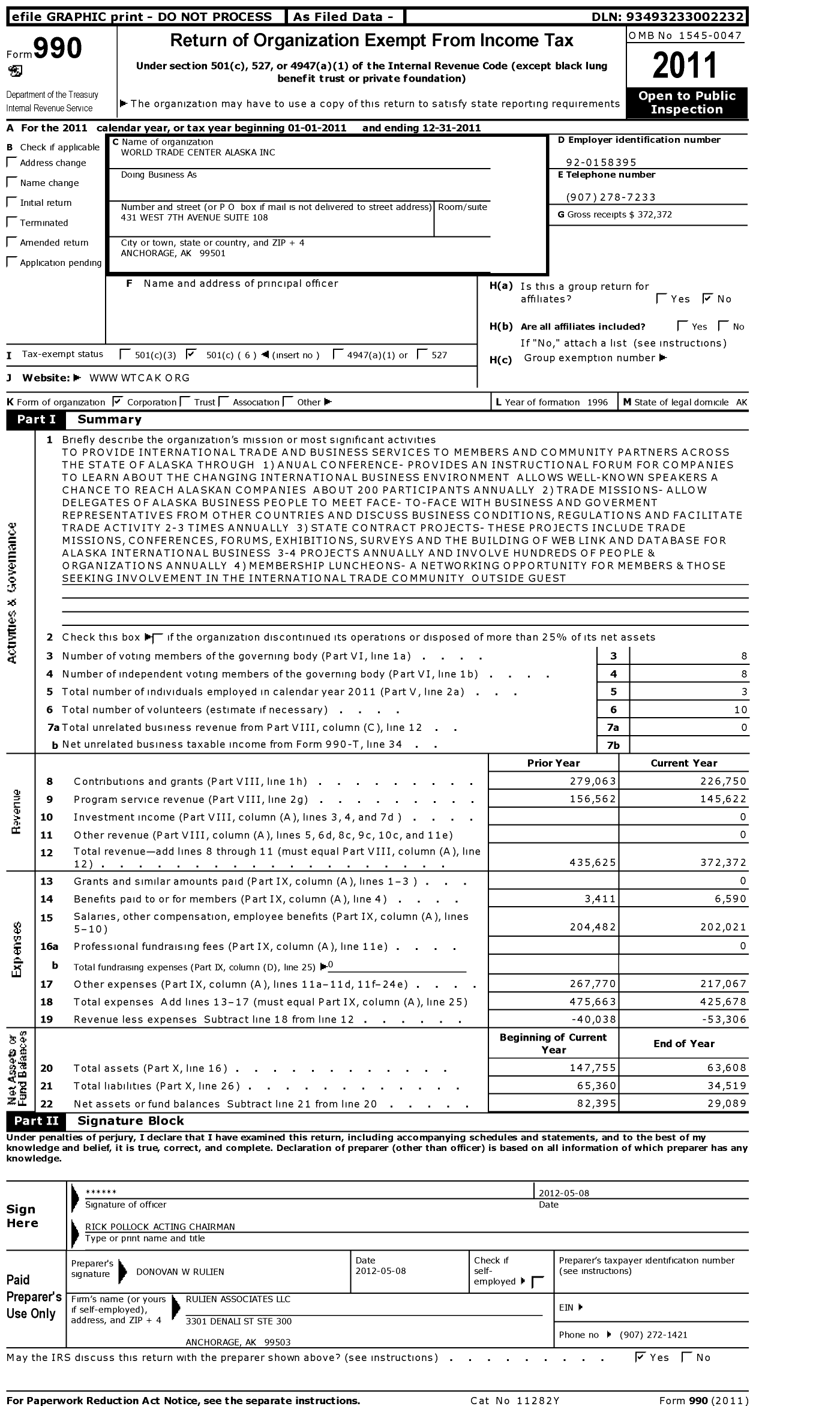 Image of first page of 2011 Form 990O for World Trade Center Alaska