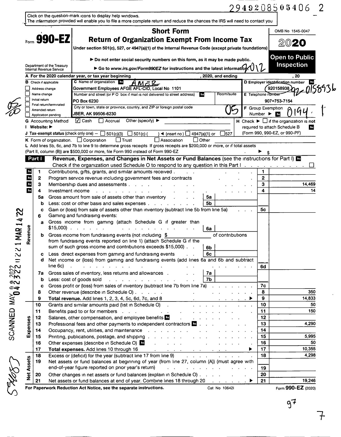 Image of first page of 2020 Form 990EO for American Federation of Government Employees - 1101 Afge Local