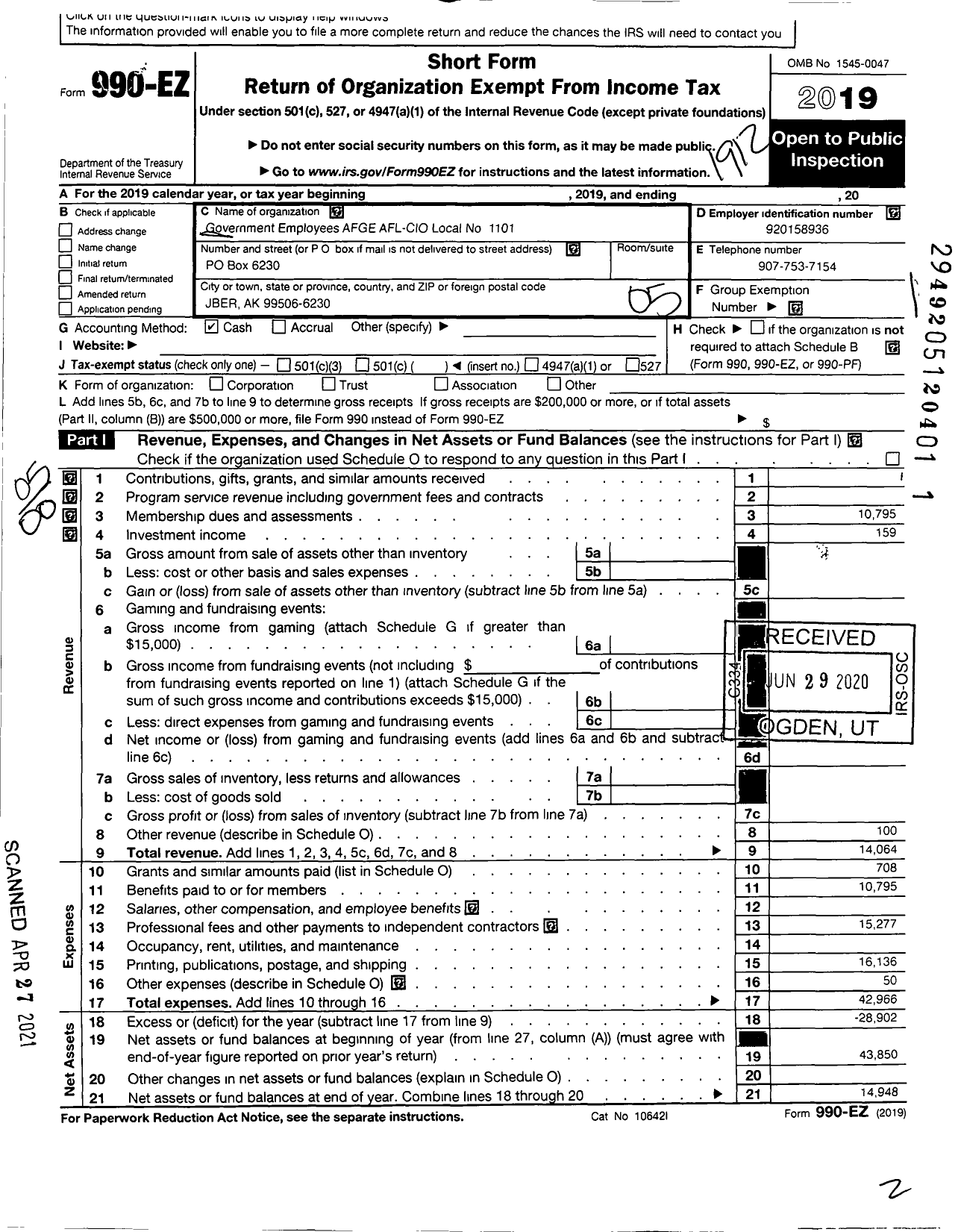 Image of first page of 2019 Form 990EO for American Federation of Government Employees - 1101 Afge Local